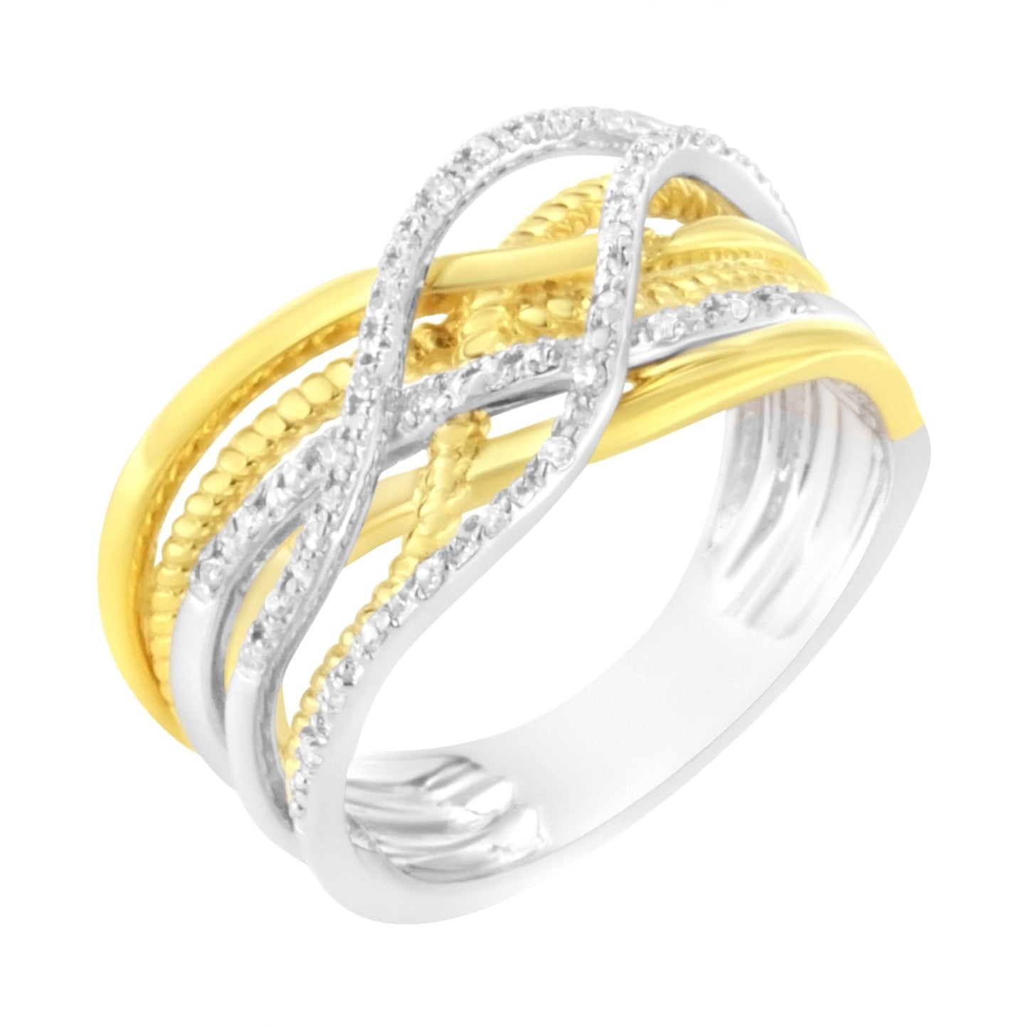 10K Yellow Gold Plated .925 Sterling Silver 1/10 Cttw Diamond Multi Row Crossover Ring Band (I-J Color, I1-I2 Clarity)-1