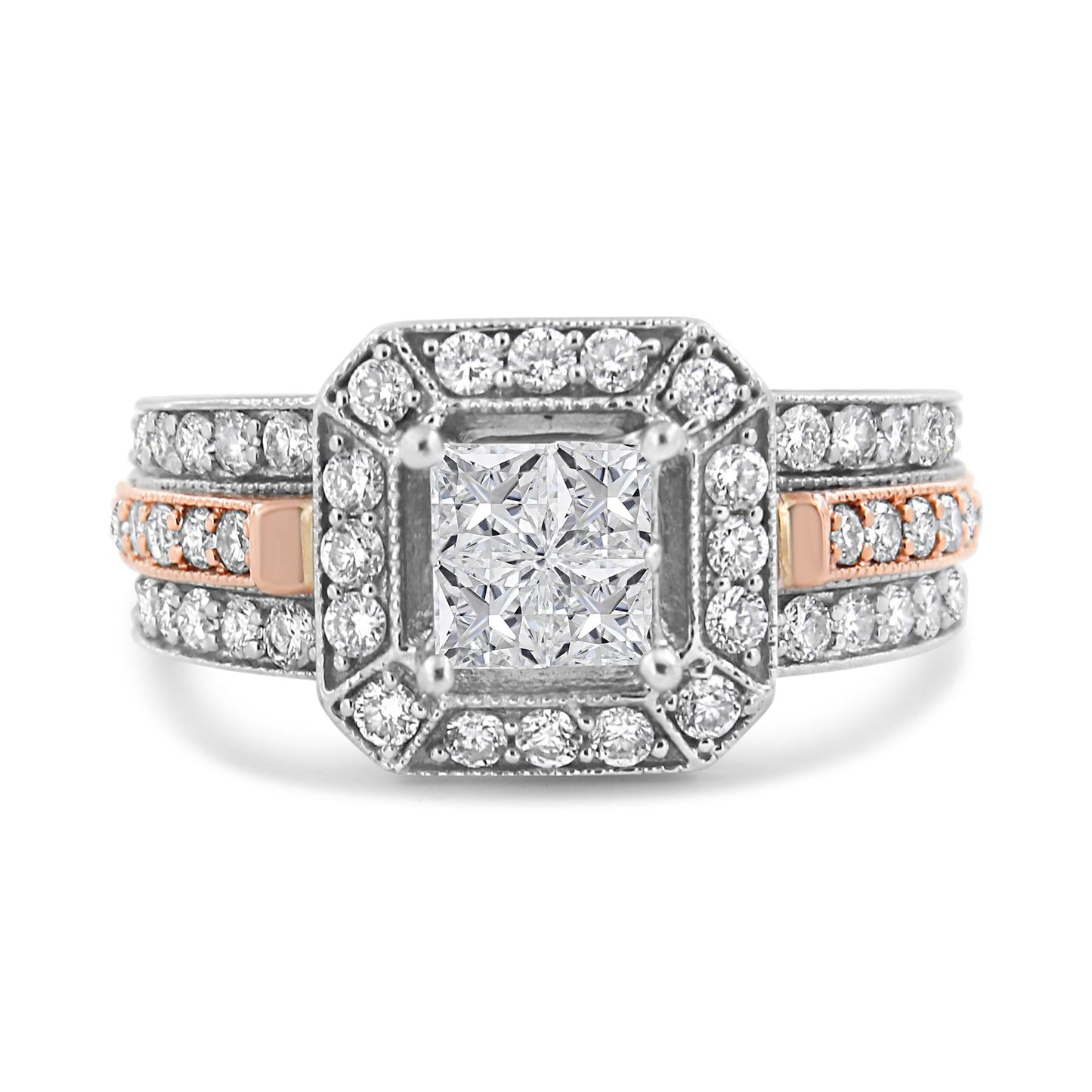 14K White and Rose Gold 1 1/8 Cttw Princess and Round-Cut Diamond Art Deco Style Triple Shank Halo Cocktail Ring (I-J Color, SI2-I1 Clarity)-1