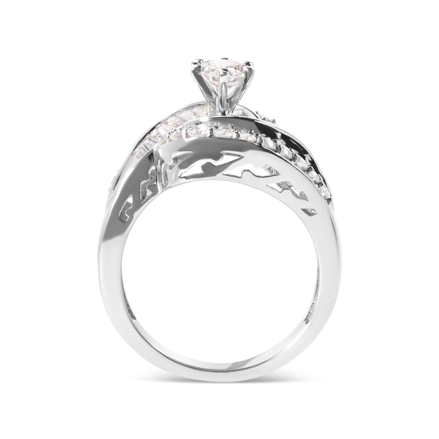 14K White Gold 1.00 Cttw Round and Baguette cut Diamond Swirl Cocktail Ring (H-I Color, SI2-I1 Clarity)-1