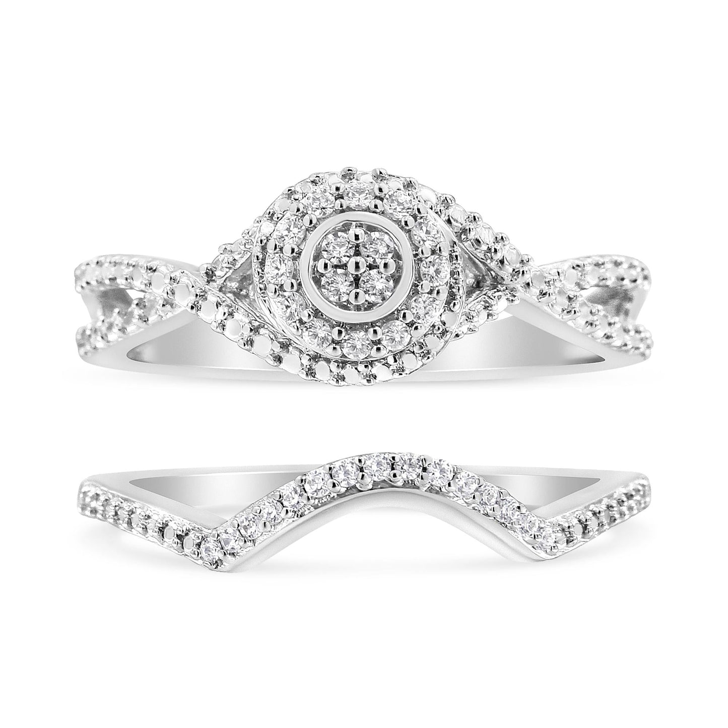 .925 Sterling Silver 1/6 Cttw Diamond Composite Halo and Split Shank Bridal Set Ring and Band  (I-J Color, I3 Clarity)-1