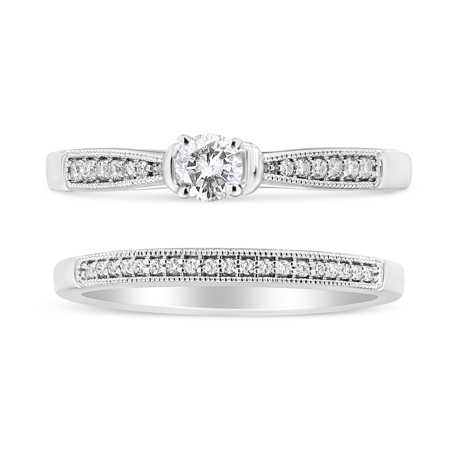 .925 Sterling Silver 1/3 Cttw Diamond Classic Engagement Ring Bridal Set with Milgrain (I-J Color, I3 Clarity)-1