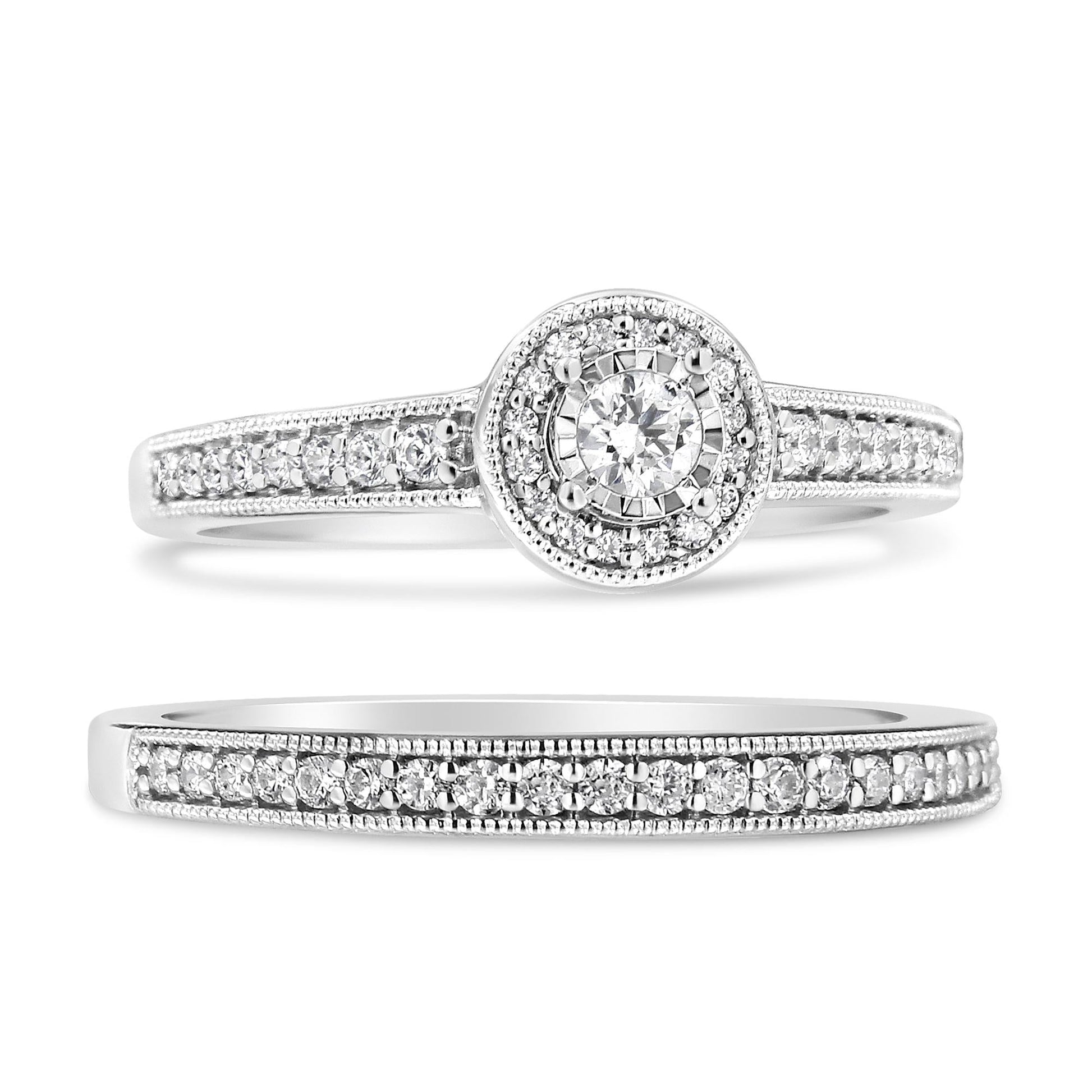 .925 Sterling Silver 1/2 Ctw Diamond Halo and Milgrain Engagement Ring Bridal Set (I-J Color, I3 Clarity)-1