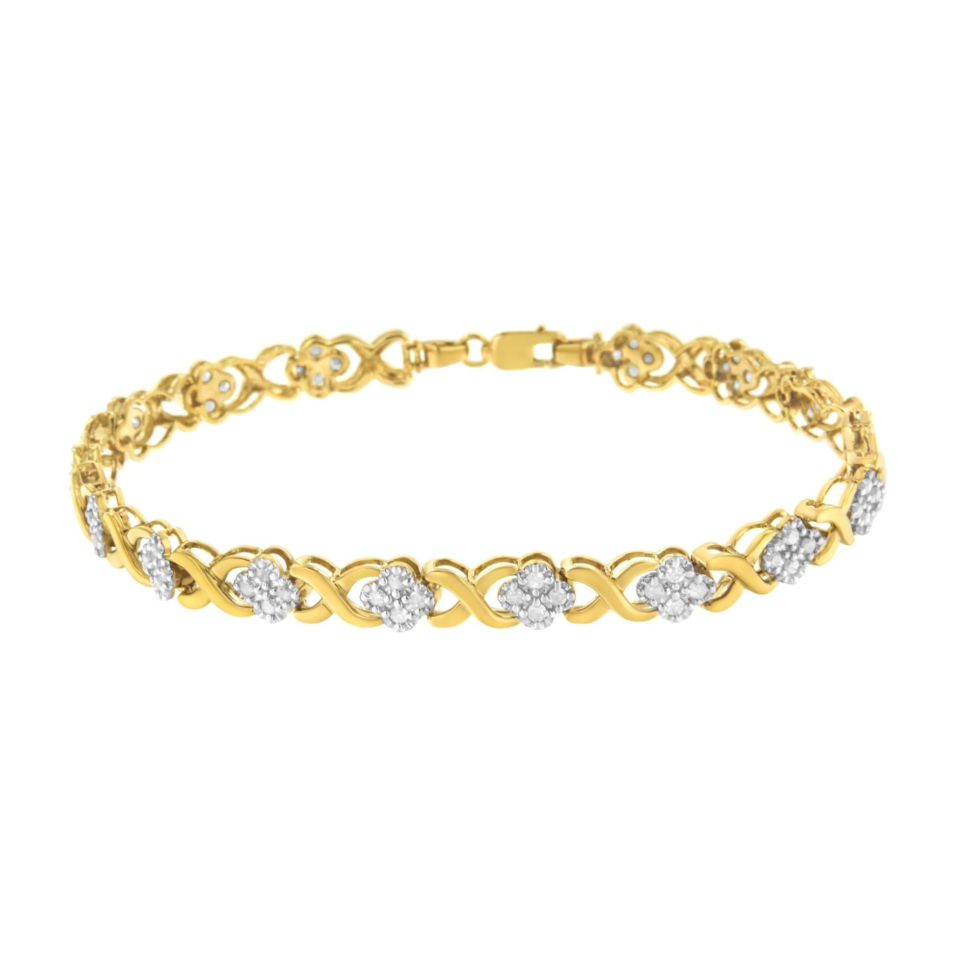 10K Yellow Gold over .925 Sterling Silver 1.0 Cttw Diamond Cluster X Link Tennis Link Bracelet (H-I Color, I3 Clarity) - 7"-1