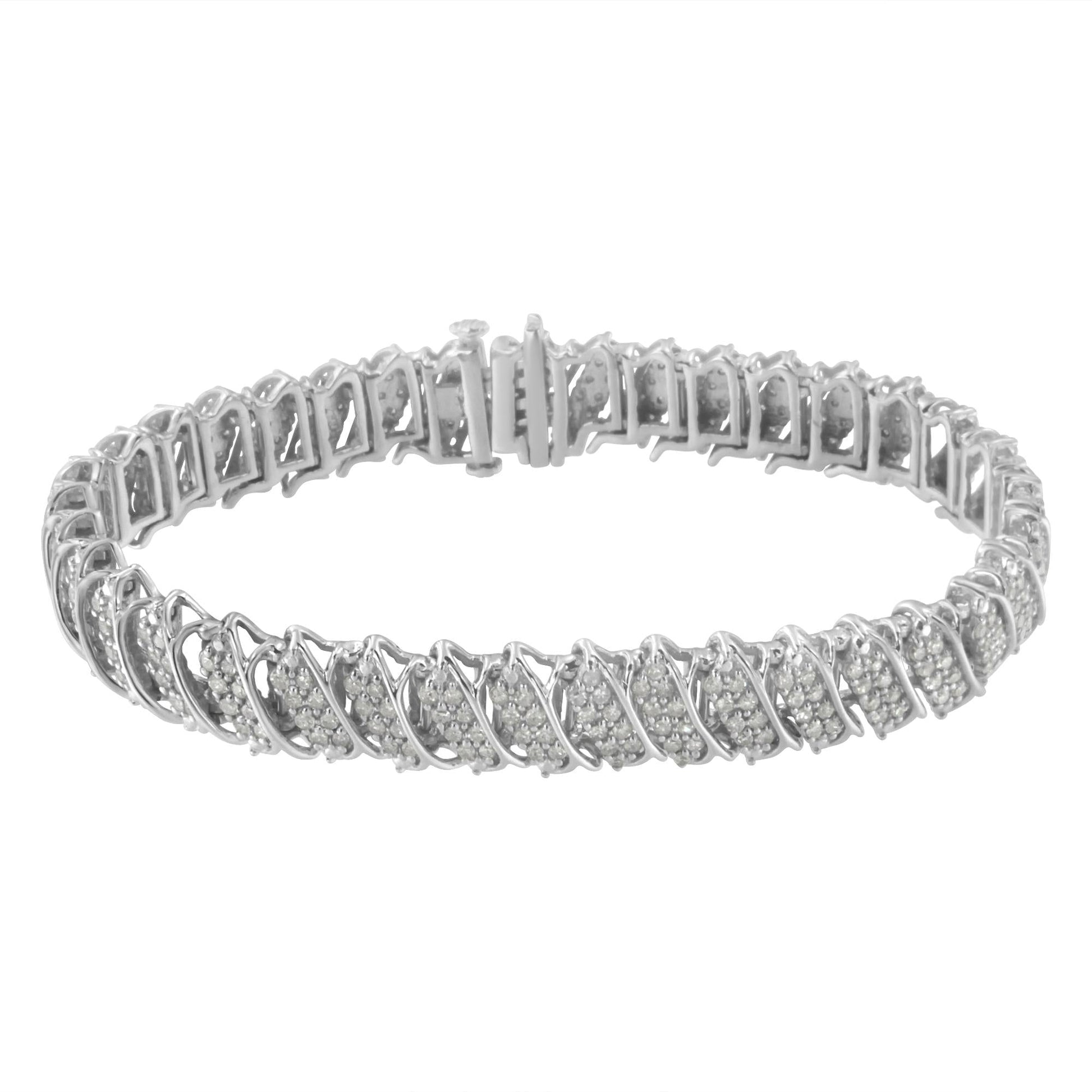 .925 Sterling Silver 3.0 Cttw Diamond Multi Row Cluster Slanted Wave Link 7-¼” Tennis Bracelet (I-J Color, I2-I3 Clarity)-1