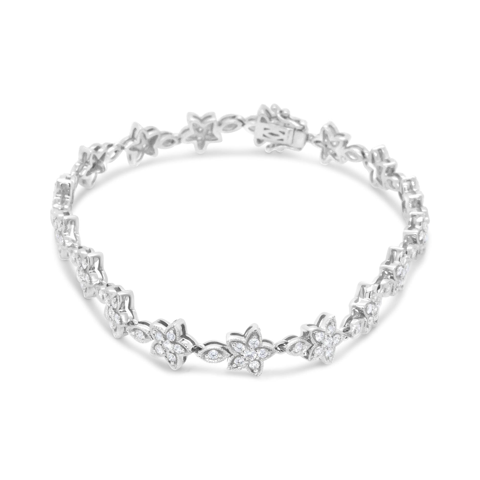 14K Gold 1 1/5 Cttw Round Diamond Floral Star-Shaped Link Bracelet (H-I Color, SI1-SI2 Clarity) -Size 7"-2