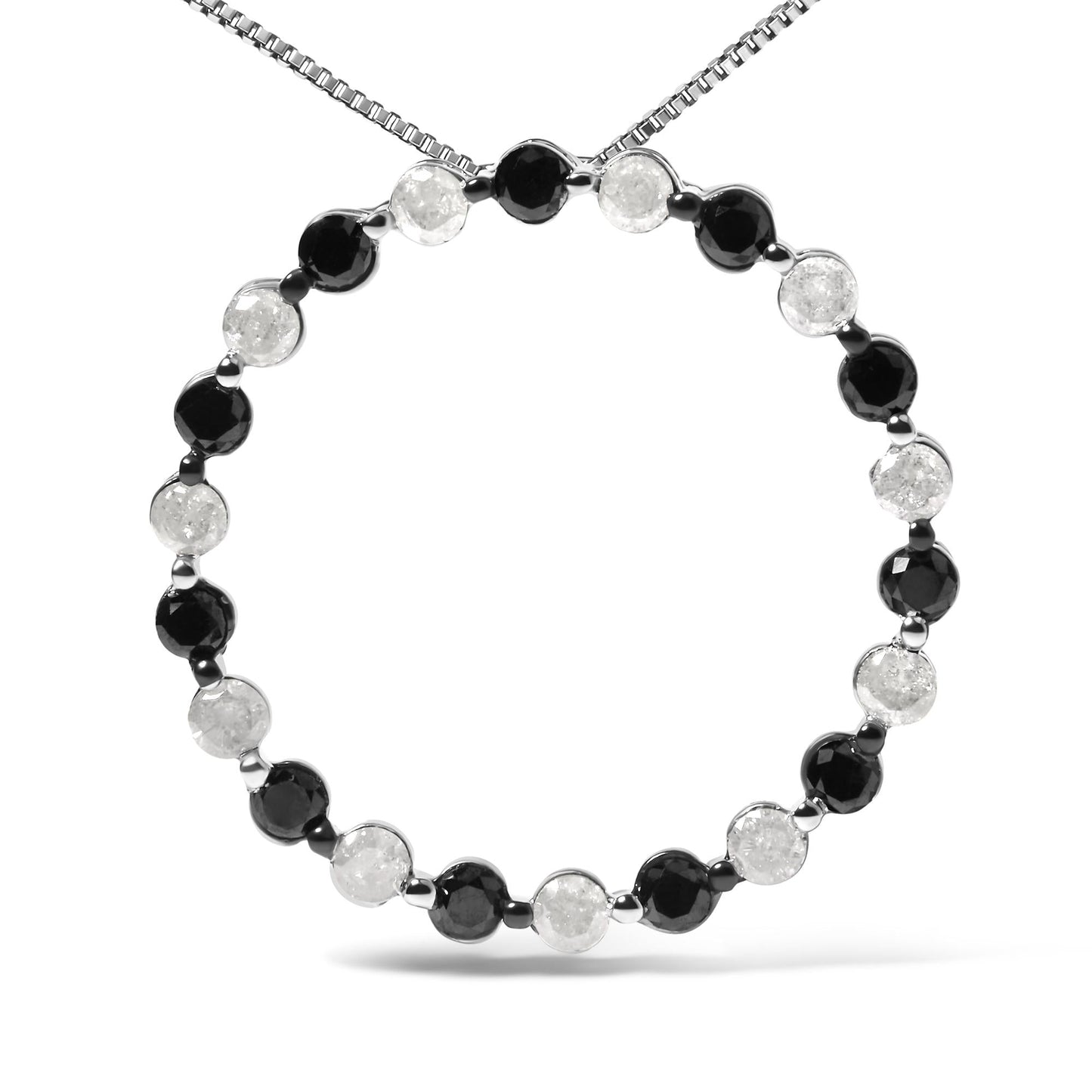 .925 Sterling Silver 1 3/4 Cttw Alternating Black and White Diamond Open Circle Hoop Pendant Necklace (H-I Color, I2-I3 Clarity) - 18" Inches