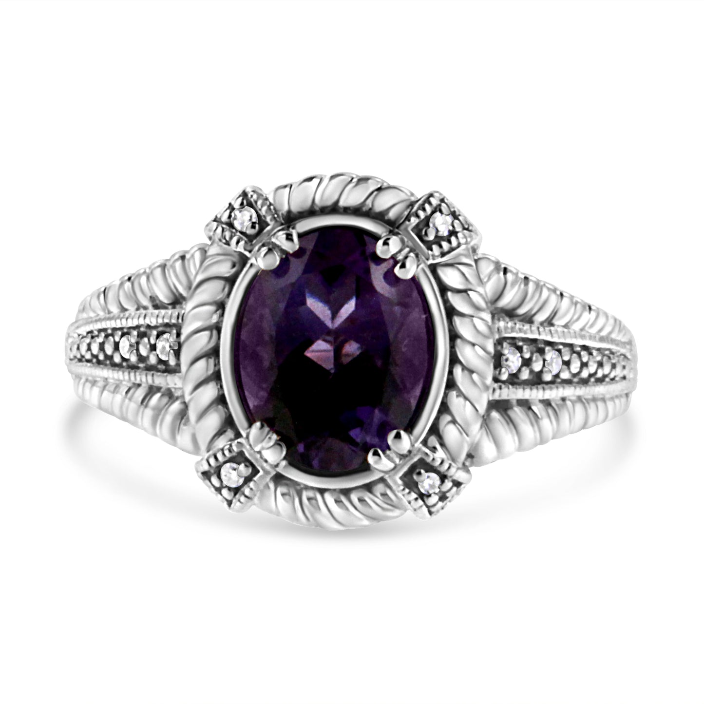 .925 Sterling Silver Prong Set Natural Oval Shape 9X7 MM Purple Amethyst Solitaire and Diamond Accent Ring (I-J Color, I1-I2 Clarity)-1