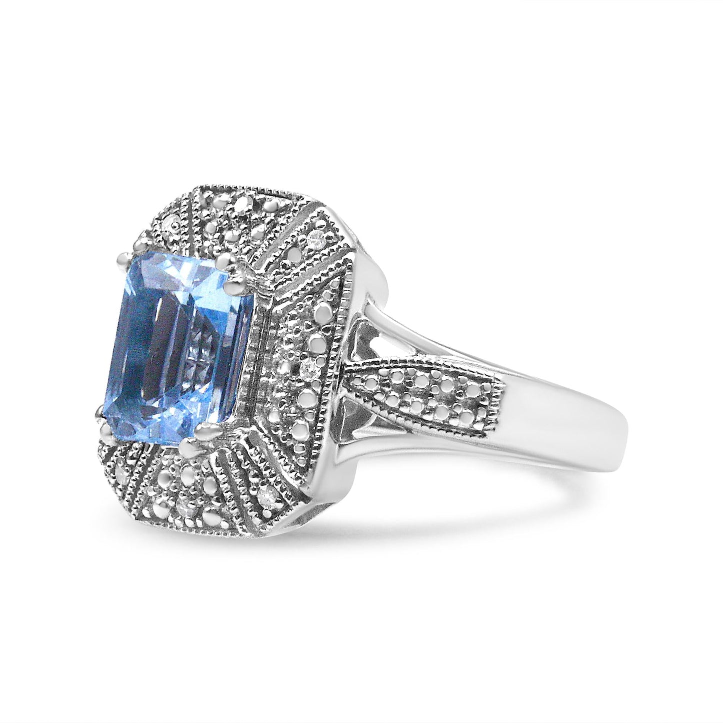 .925 Sterling Silver Diamond Accent and 8X6 mm Emerald-Shape Blue Topaz Ring (I-J Color, I2-I3 Clarity)-1