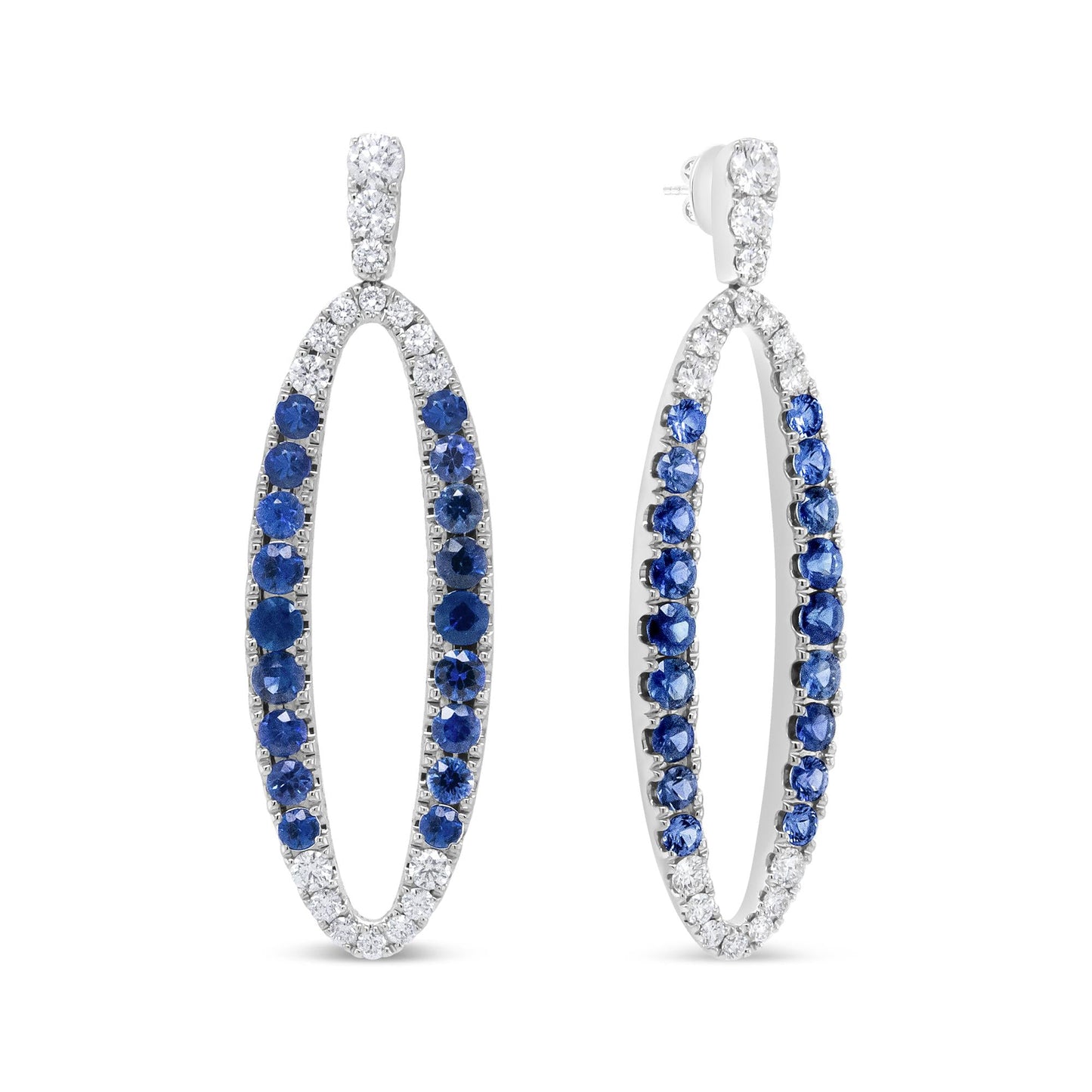 18K White Gold 1.11 Cttw Blue Round Diamond and Blue Sapphire Openwork Oval Shaped Dangle Earrings (F-G Color, VS1-VS2 Clarity)