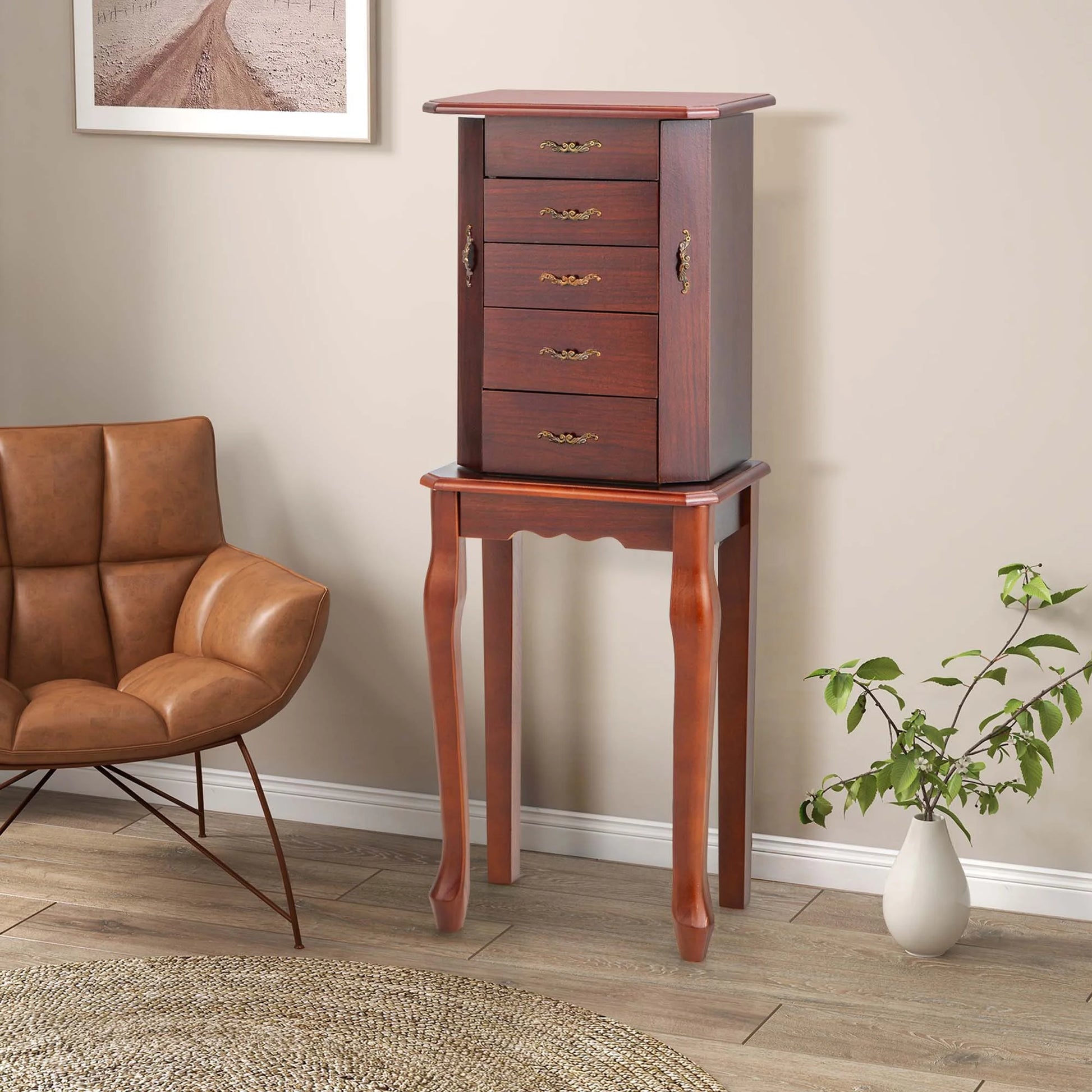 Jewelry Cabinet Storage Chest Stand Organizer Wood Box for Home Walnut