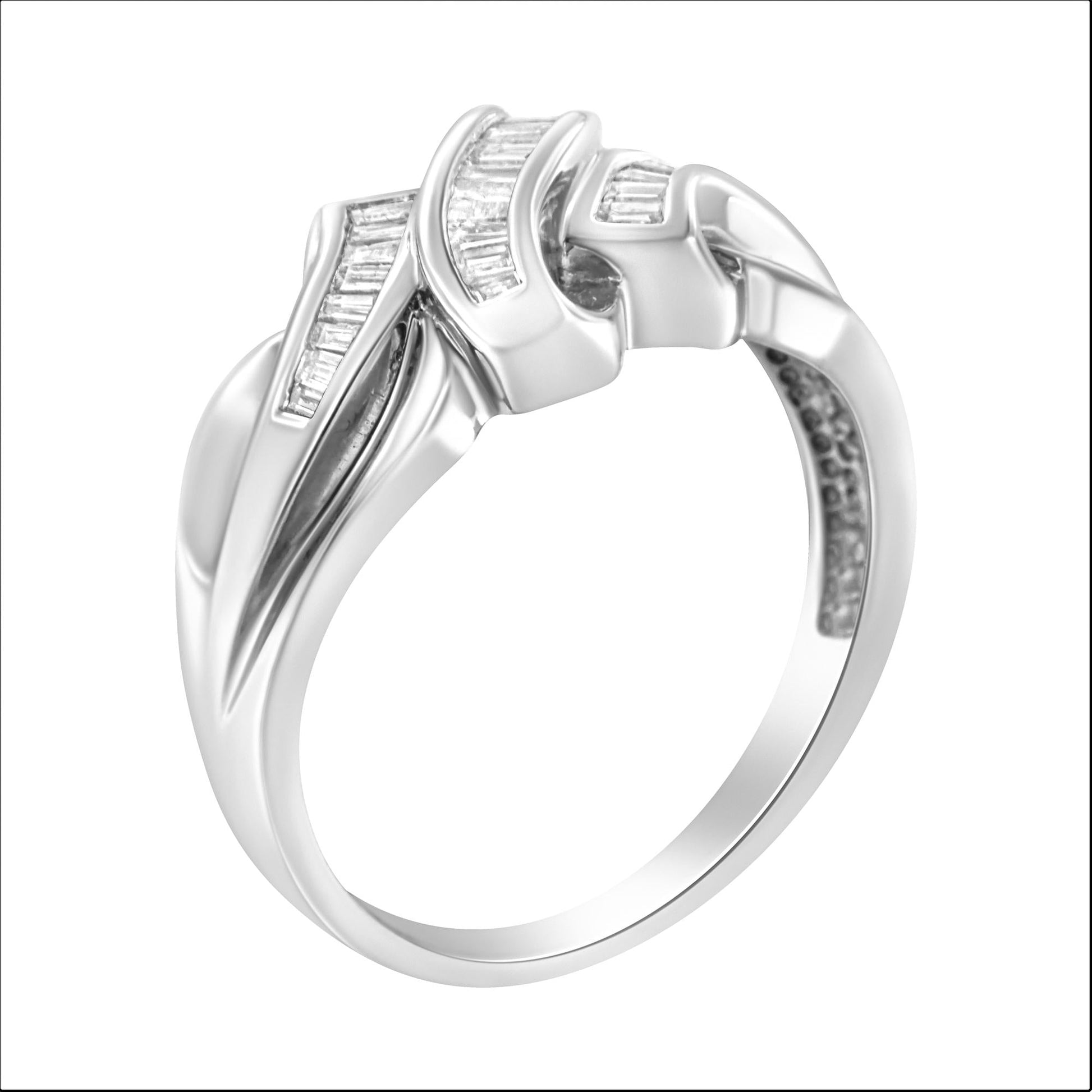 14K White Gold 1/3 Cttw Channel Set Baguette Diamond Bypass Ring Band (H-I Color, SI1-SI2 Clarity)-2