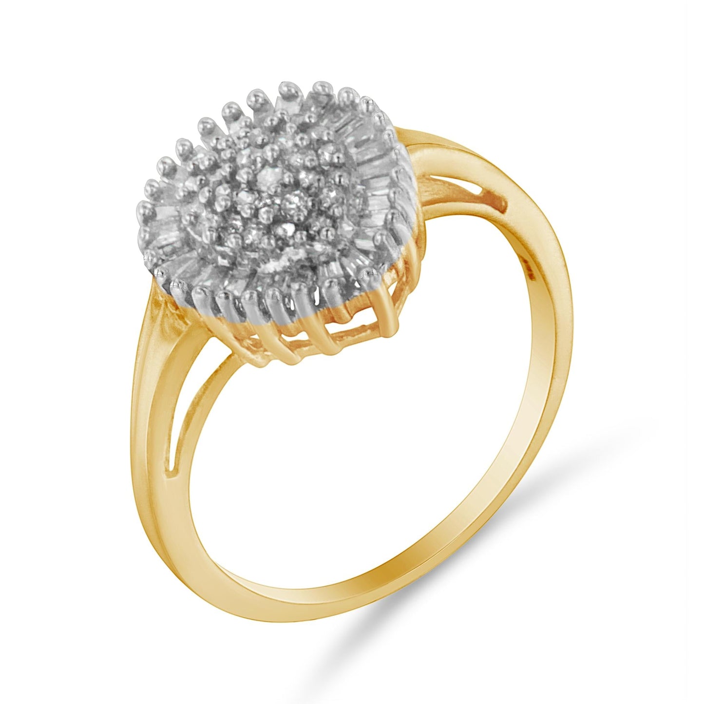 10K Yellow Gold 1/2 Cttw Round & Baguette Cut Diamond Pear Shaped Domed Pavé Cluster with Halo Cocktail Ring (J-K Color, I1-I2 Clarity)-2