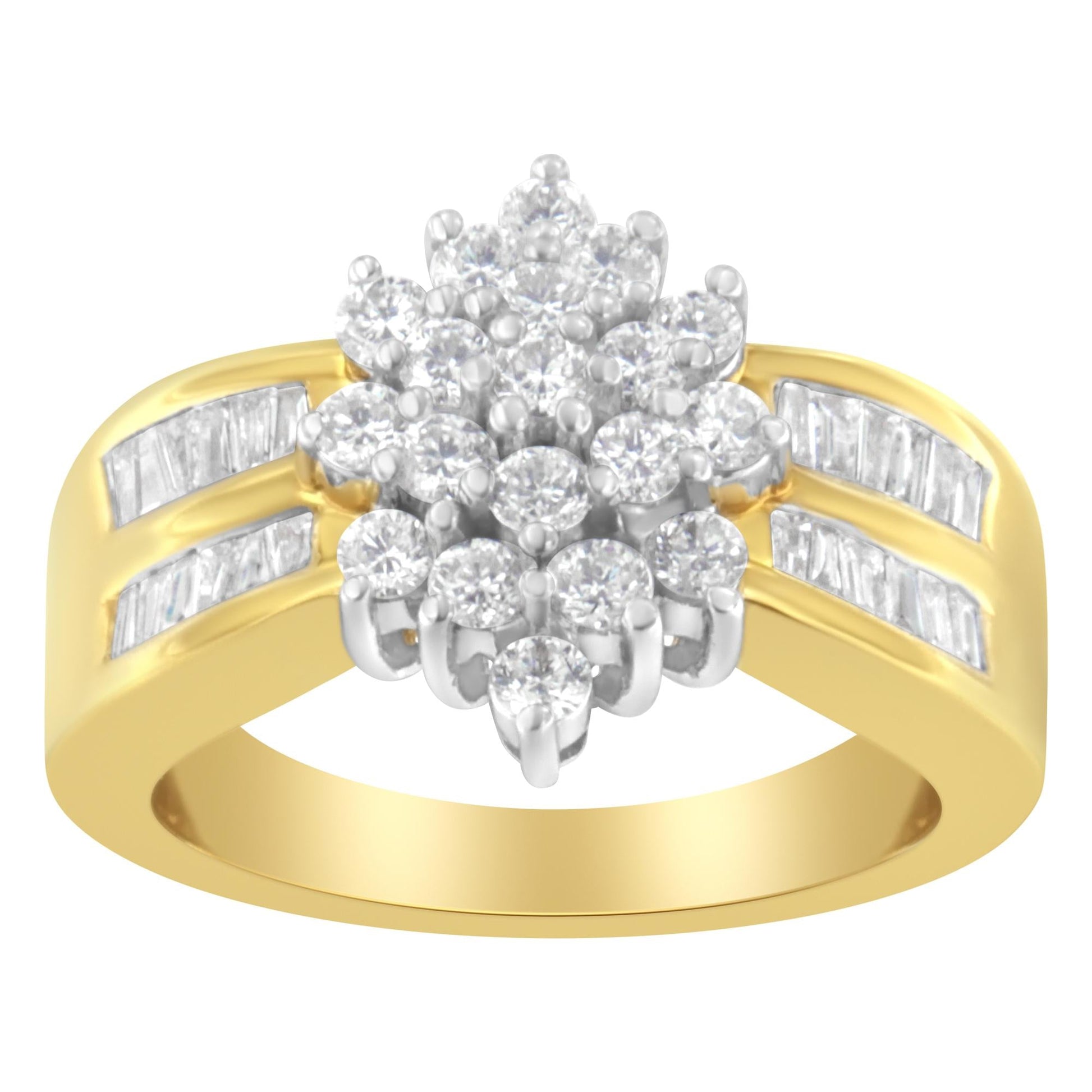 10K Yellow Gold 1.0 Cttw Round & Baguette Cut Diamond Floral Cluster Double-Channel Flared Band Statement Ring (H-I Color, SI2-I1 Clarity)-2