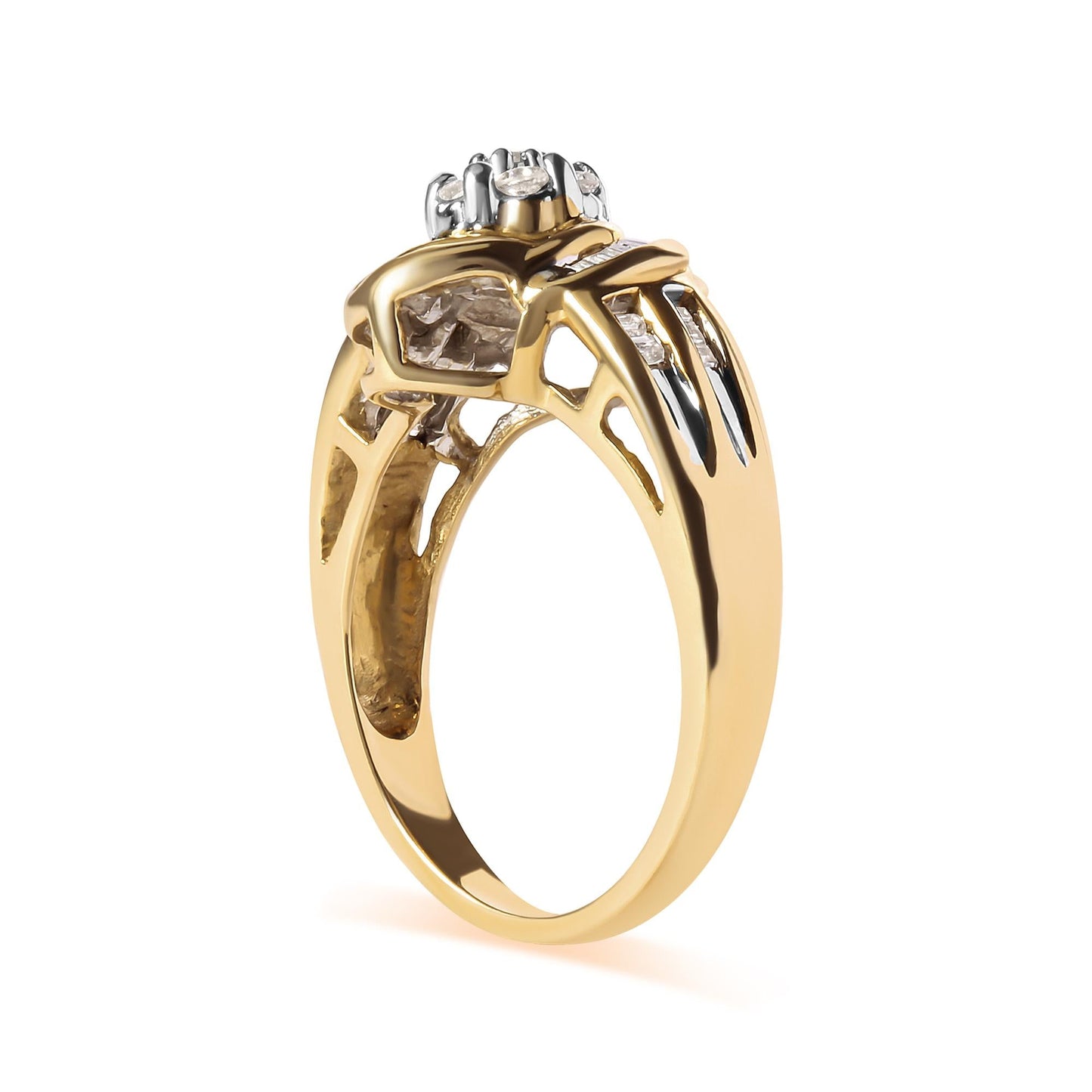 10K Yellow Gold 1/2 Cttw Round and Baguette Diamond Flower Swirl Cocktail Ring (I-J Color, SI2-I1 Clarity)-2