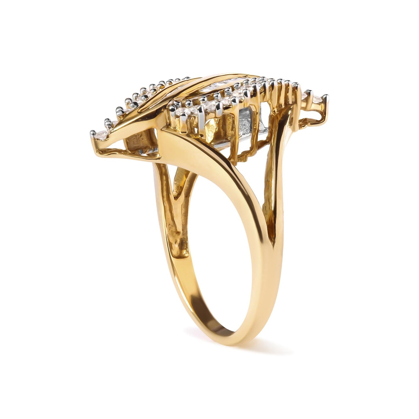 10K Yellow Gold 1/2 Cttw Round and Baguette Cut Diamond Cocktail Ring (H-I Color, I1-I2 Clarity)-2