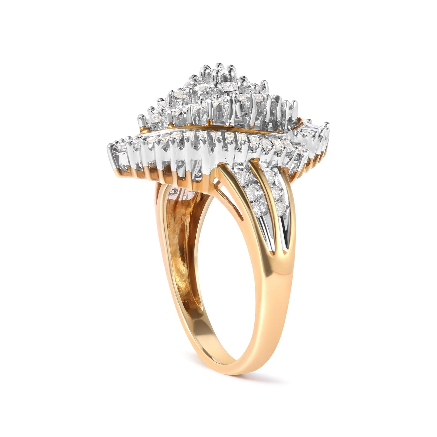 10K Yellow Gold 1.0 Cttw Round and Baguette-Cut Diamond Cluster Ring (I-J Color, SI2-I1 Clarity)-2