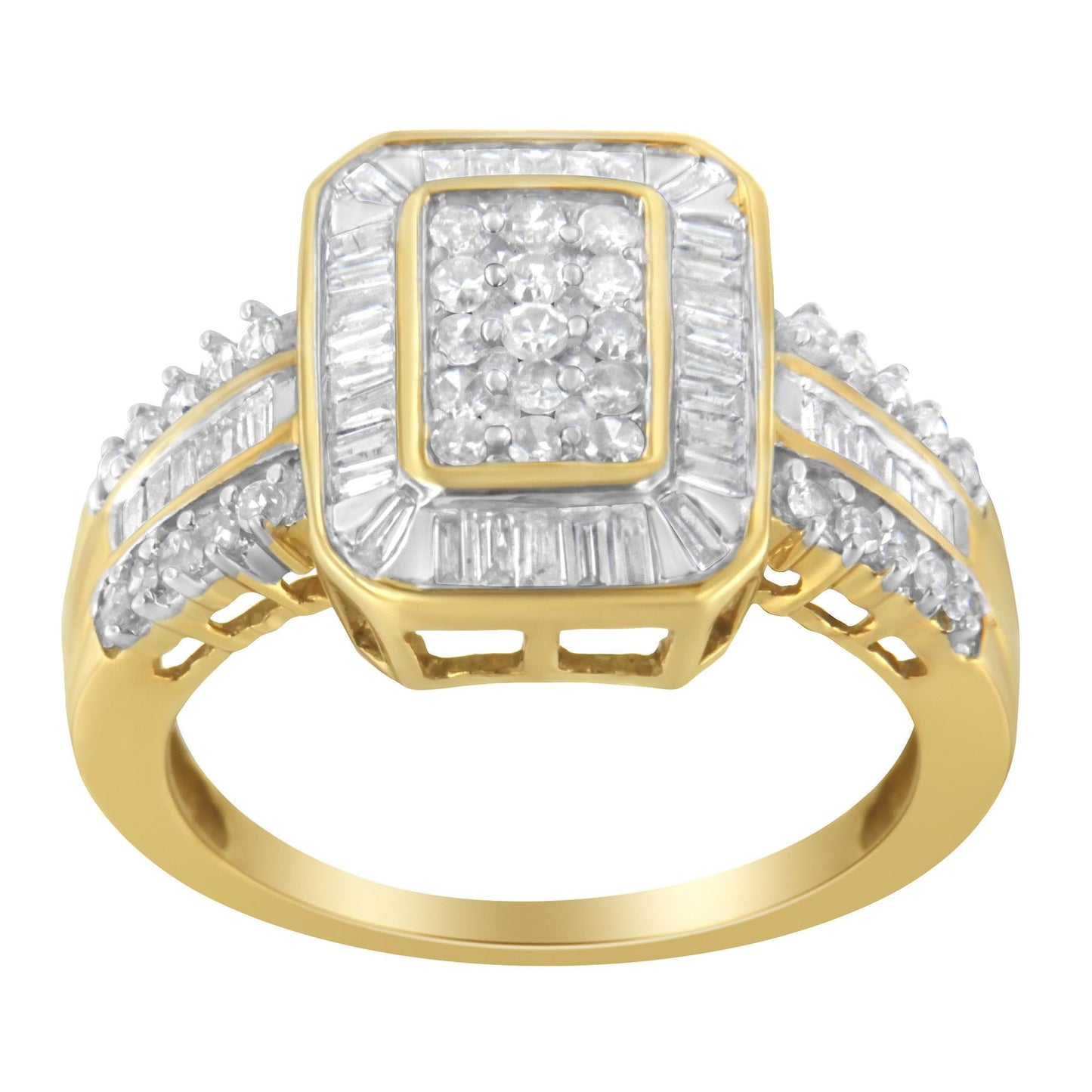 10K Yellow Gold Round and Baguette-Cut Diamond Cluster Ring (1.0 Cttw, I-J Color, SI1-SI2 Clarity)-2