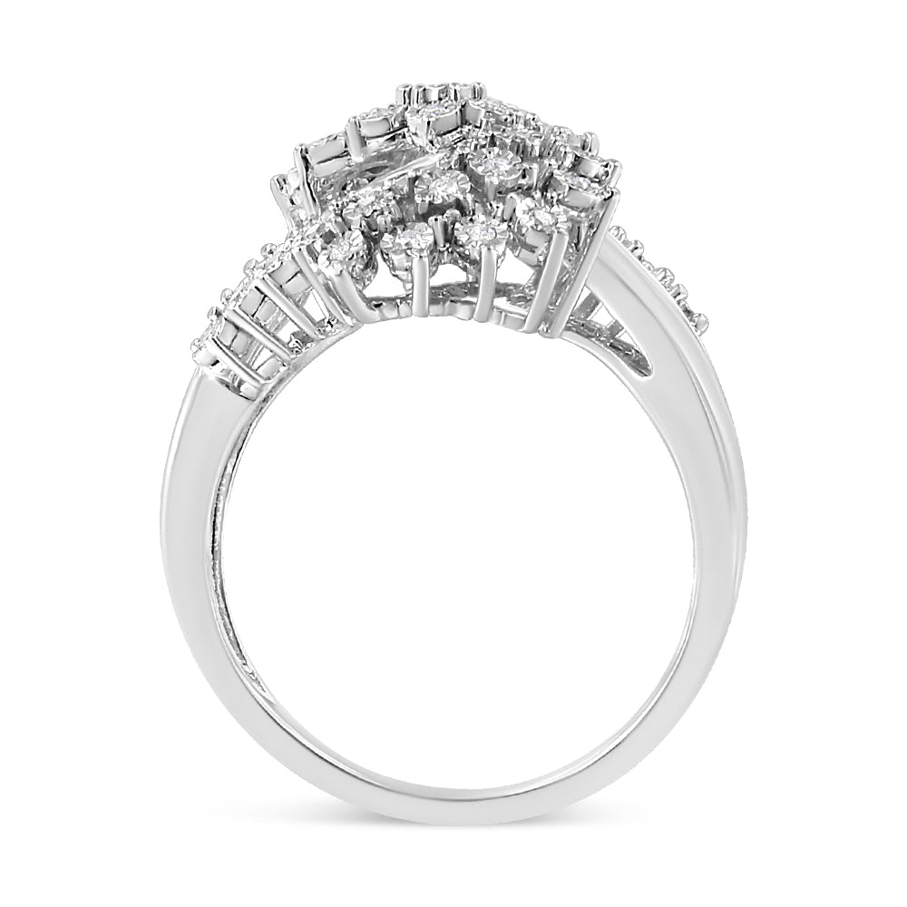 10K White Gold 1/2 Cttw Round and Baguette-Cut "S" Shaped Bypass Cocktail Ring (I-J Color, I1-I2 Clarity)-2