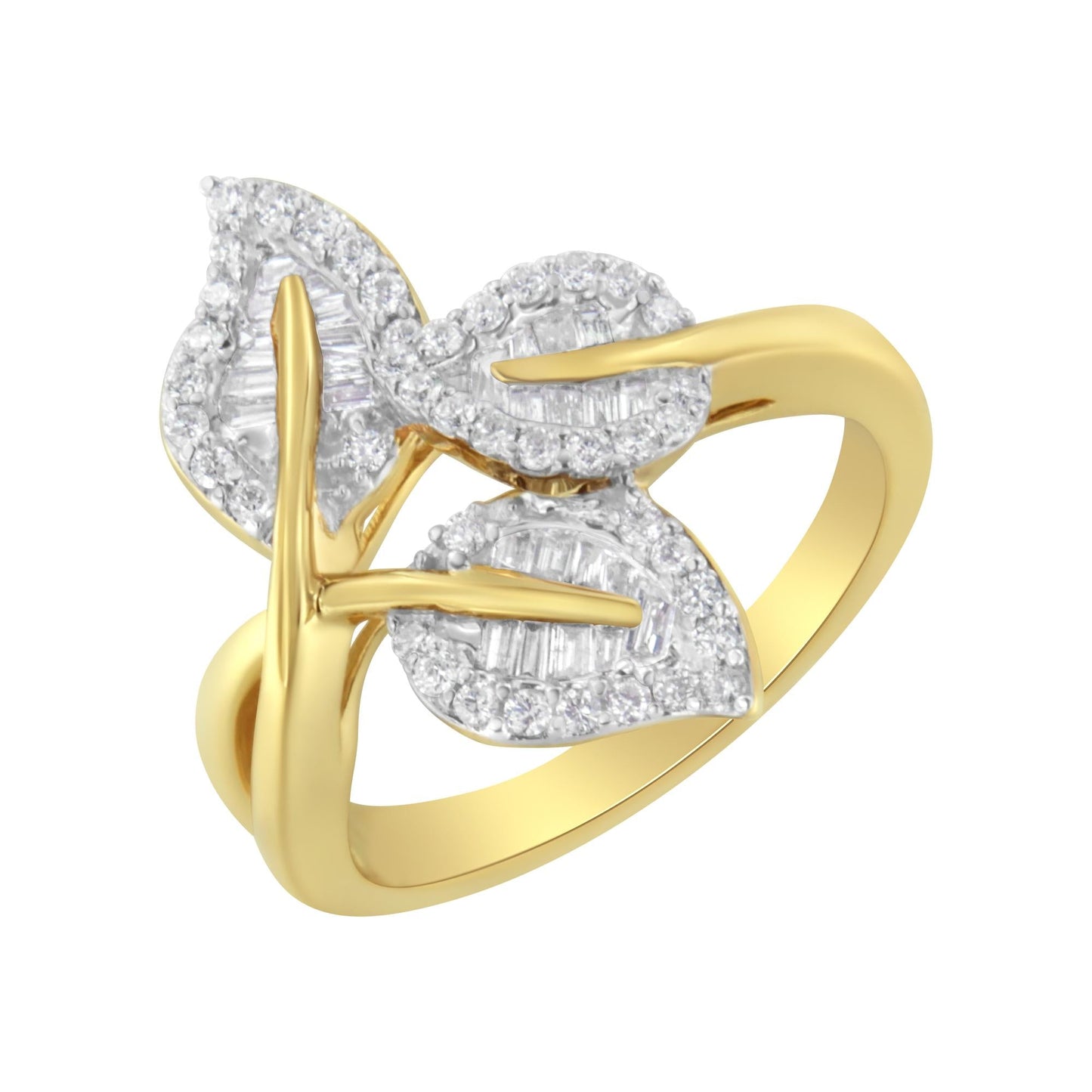 18K Yellow and White Gold Plated .925 Sterling Silver 3/8 Cttw Baguette and Round Diamond Bypass Triple Leaf Ring (I-J Color, I1-I2 Clarity)-2