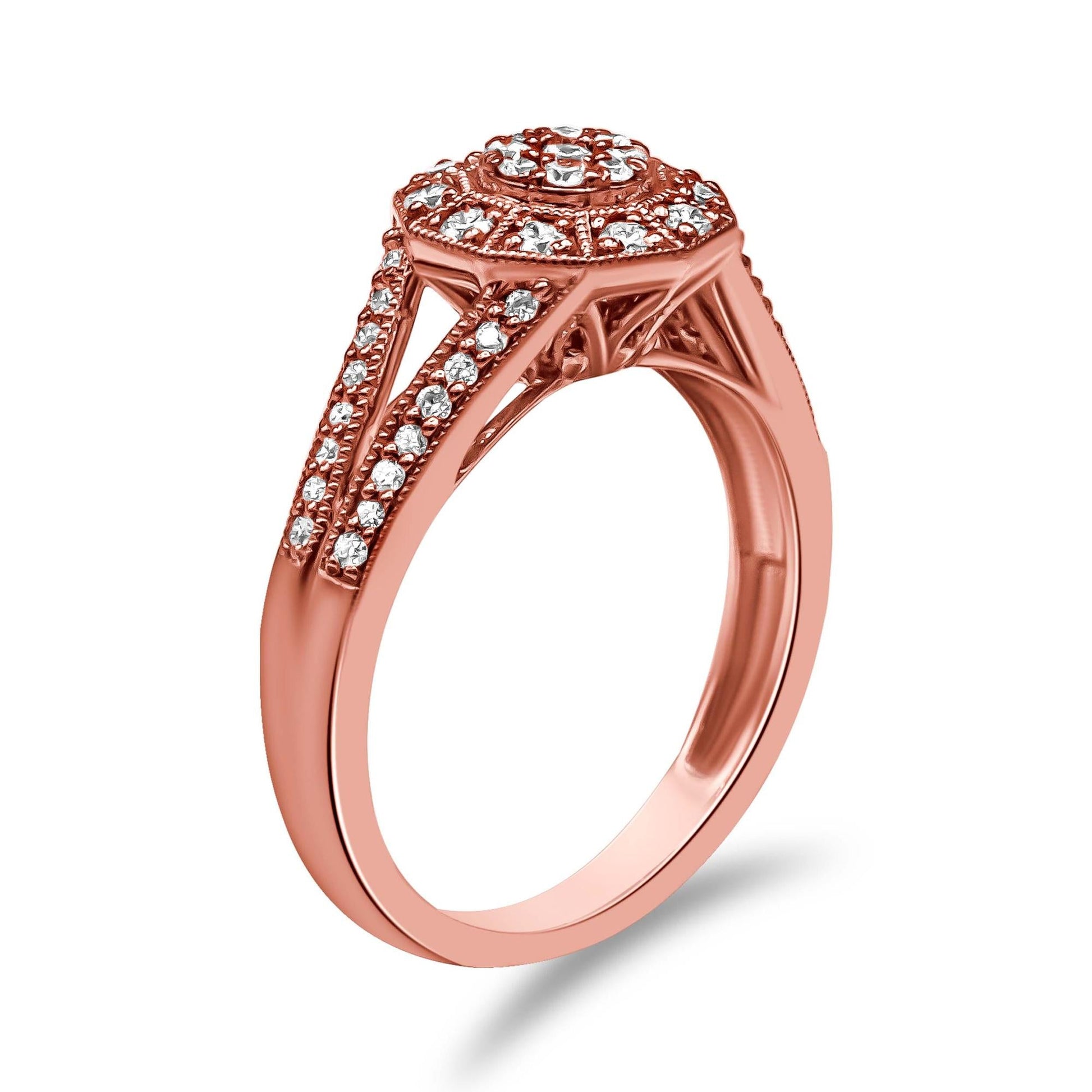 14K Rose Gold Plated .925 Sterling Silver 1/2 Cttw Pave Diamond Halo Cluster Split Shank Cocktail Ring (I-J Color, I1-I2 Clarity)-2