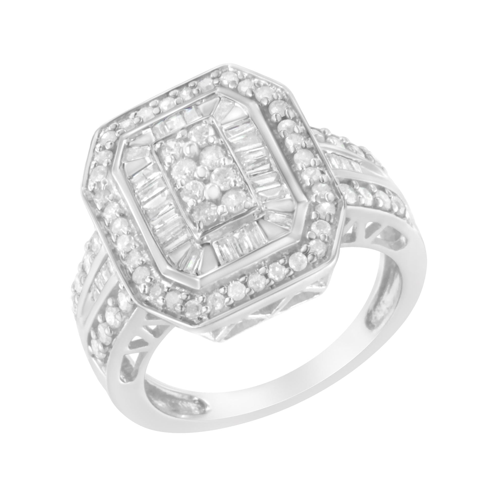 .925 Sterling Silver Round and Baguette Diamond Cathedral Ring (0.75 Cttw, H-I Color, I2-I3 Clarity)-2