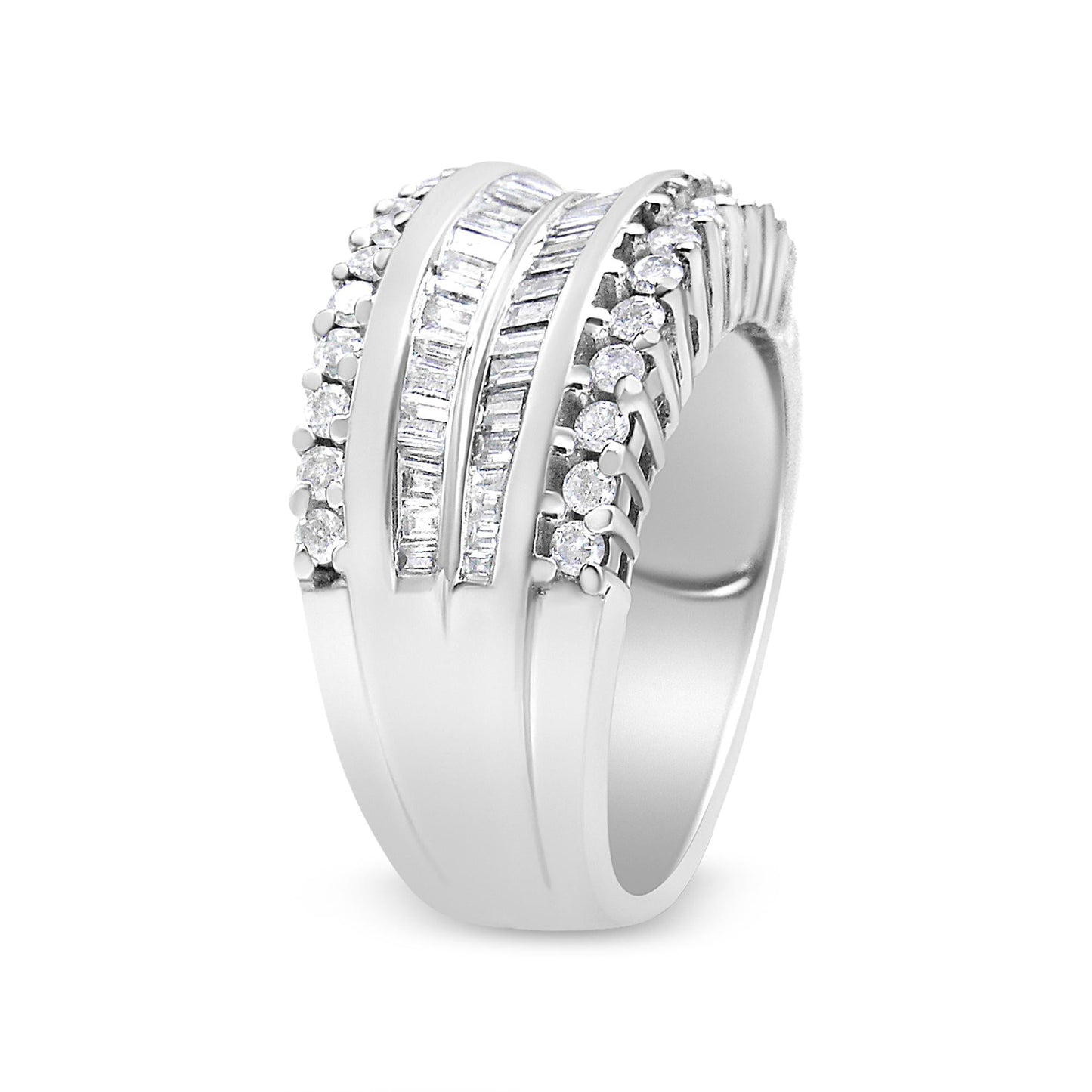 14K White Gold 1.00 Cttw Round and Baguette-Cut Diamond Modern Band Ring (H-I Color, SI2-I1 Clarity)-2