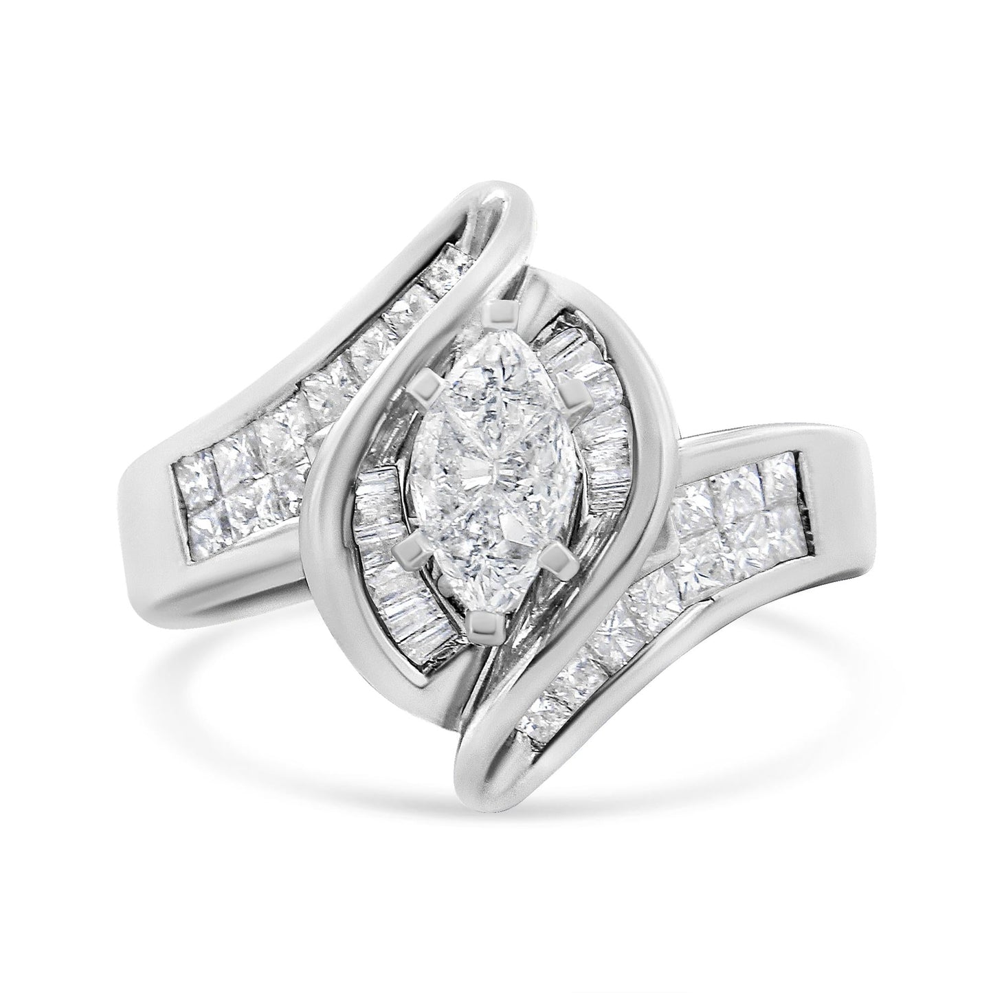 14K White Gold 1 1/4 Cttw Pie, Baguette and Princess cut Diamond Marquise Shape Engagement Cocktail Ring (H-I Color, SI2-I1 Clarity)-2