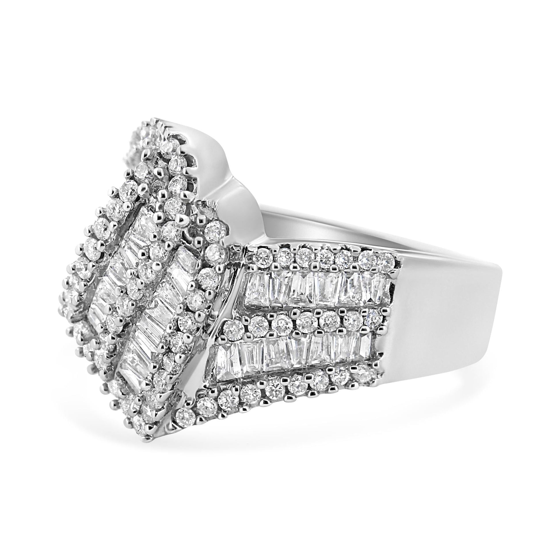 14K White Gold 1-1/2 Cttw Round and Baguette Diamond Bypass Cocktail Ring Band (H-I Color, SI1-SI2 Clarity)-2