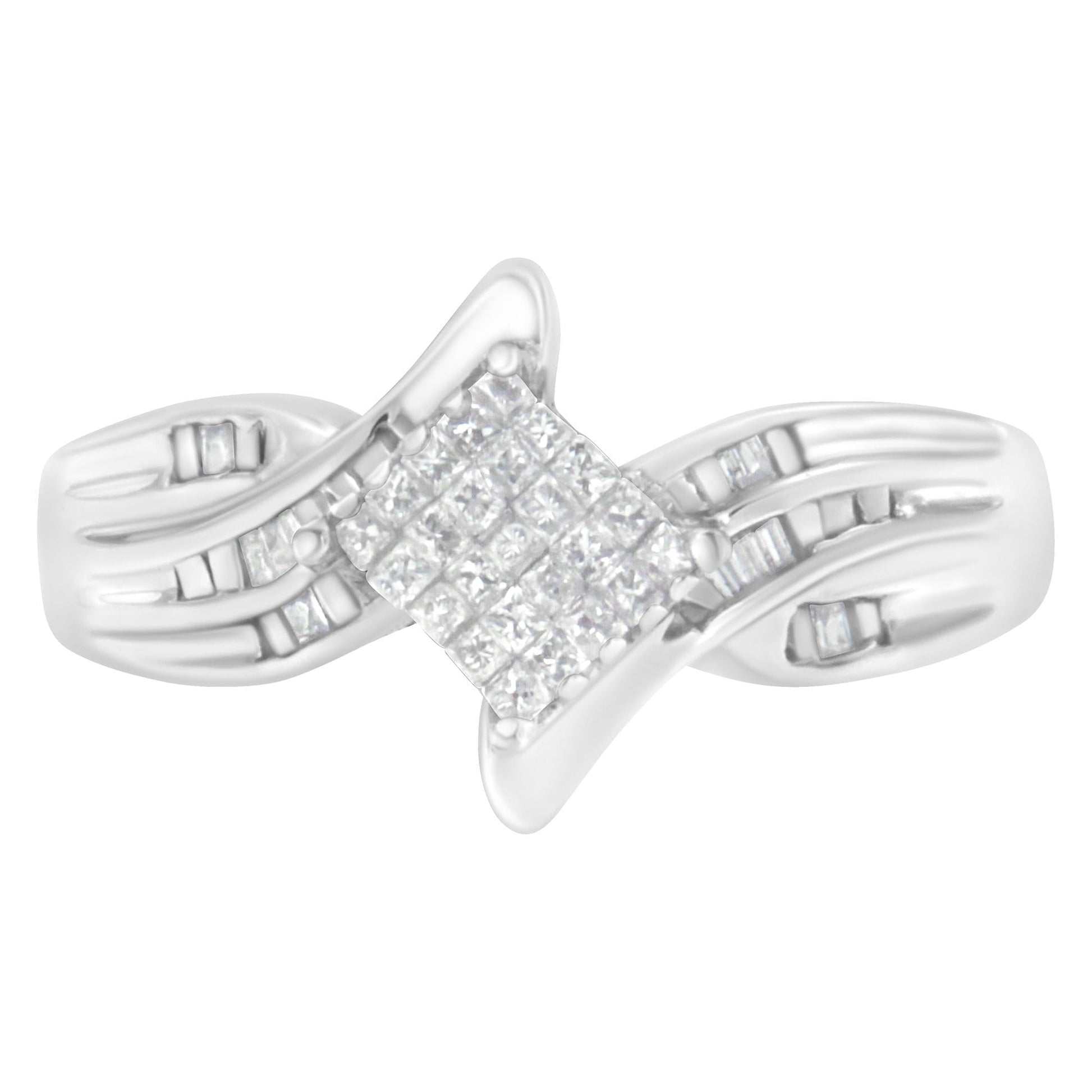 10K White Gold 1/3 Cttw Princess and Baguette Cut Diamond Bypass Style Cocktail Ring (I-J Color, I1-I2 Clarity)-2