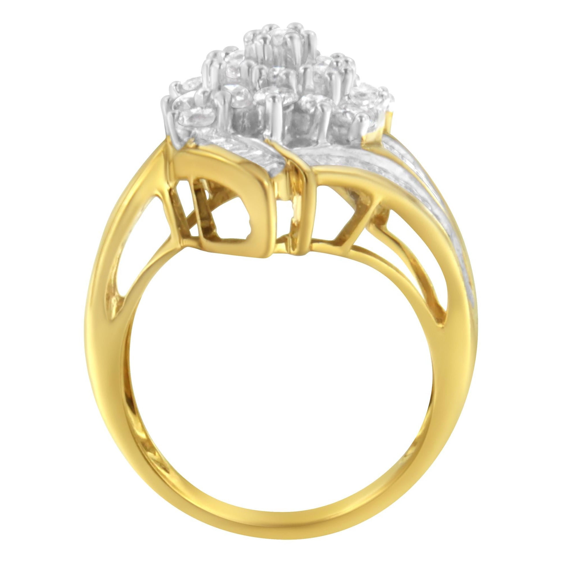 10K Yellow Gold Round and Baguette Diamond Swirl Ring (2.0 Cttw, J-K Color, I2 Clarity)-2