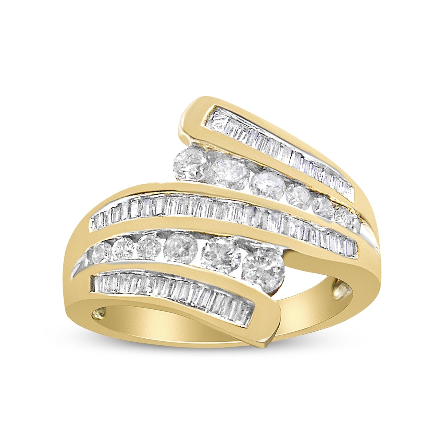 10K Yellow Gold 1 Cttw Round and Baguette-Cut Diamond Multi Row Bypass Ring Band (H-I Color, I1-I2 Clarity)-2