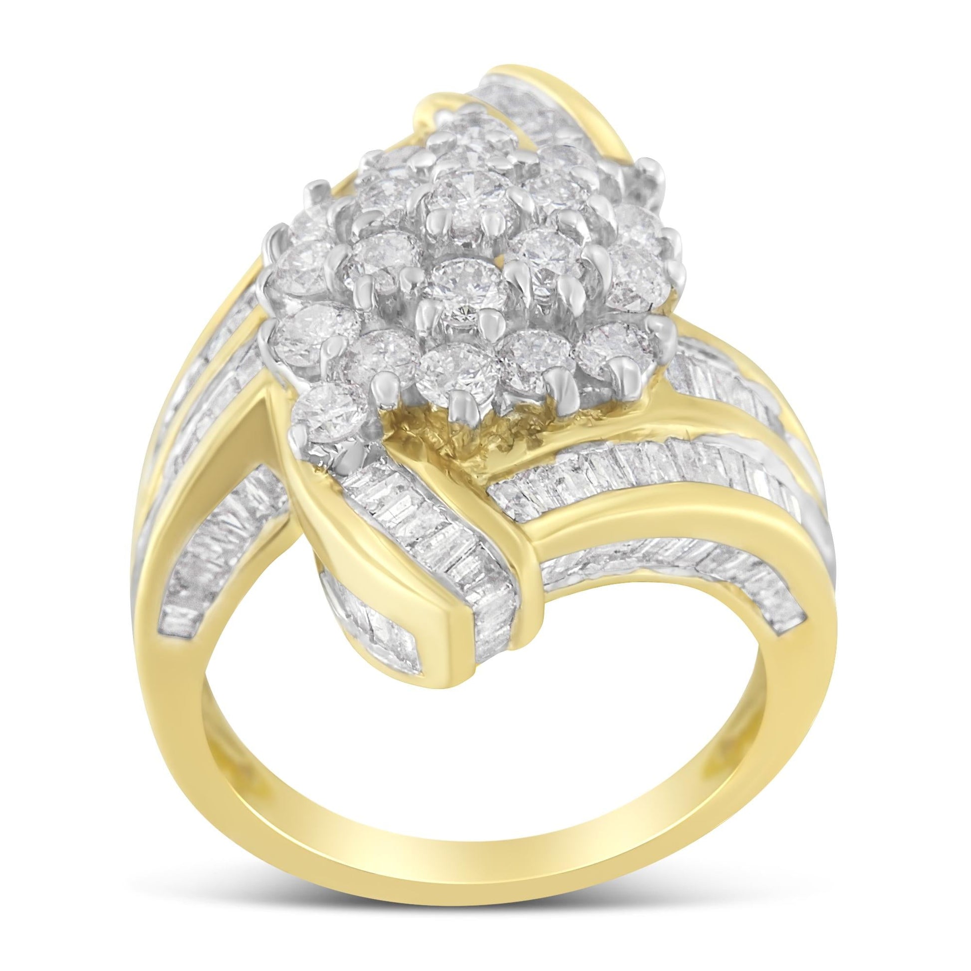 10K Yellow Gold Round and Baguette Diamond Crossover Cluster Ring (3 Cttw, I-J Color, I1-I2 Clarity)-2