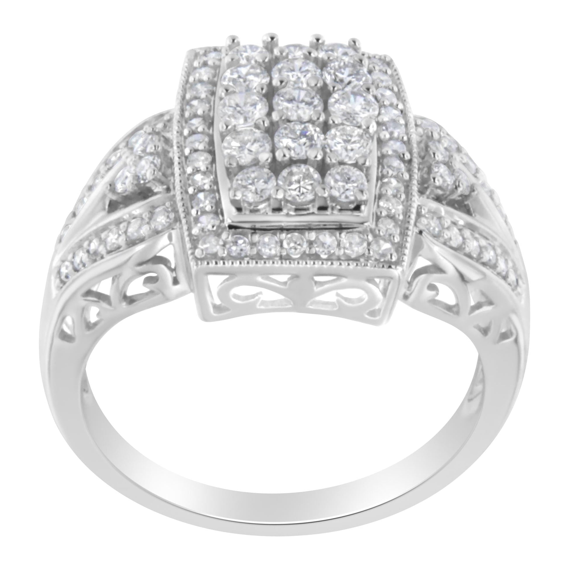 10K White Gold 1.0 Cttw Diamond Rectangular Cushion Shaped Cluster Halo Flared Band Cocktail Fashion Ring (H-I Color, SI2-I1 Clarity)-2