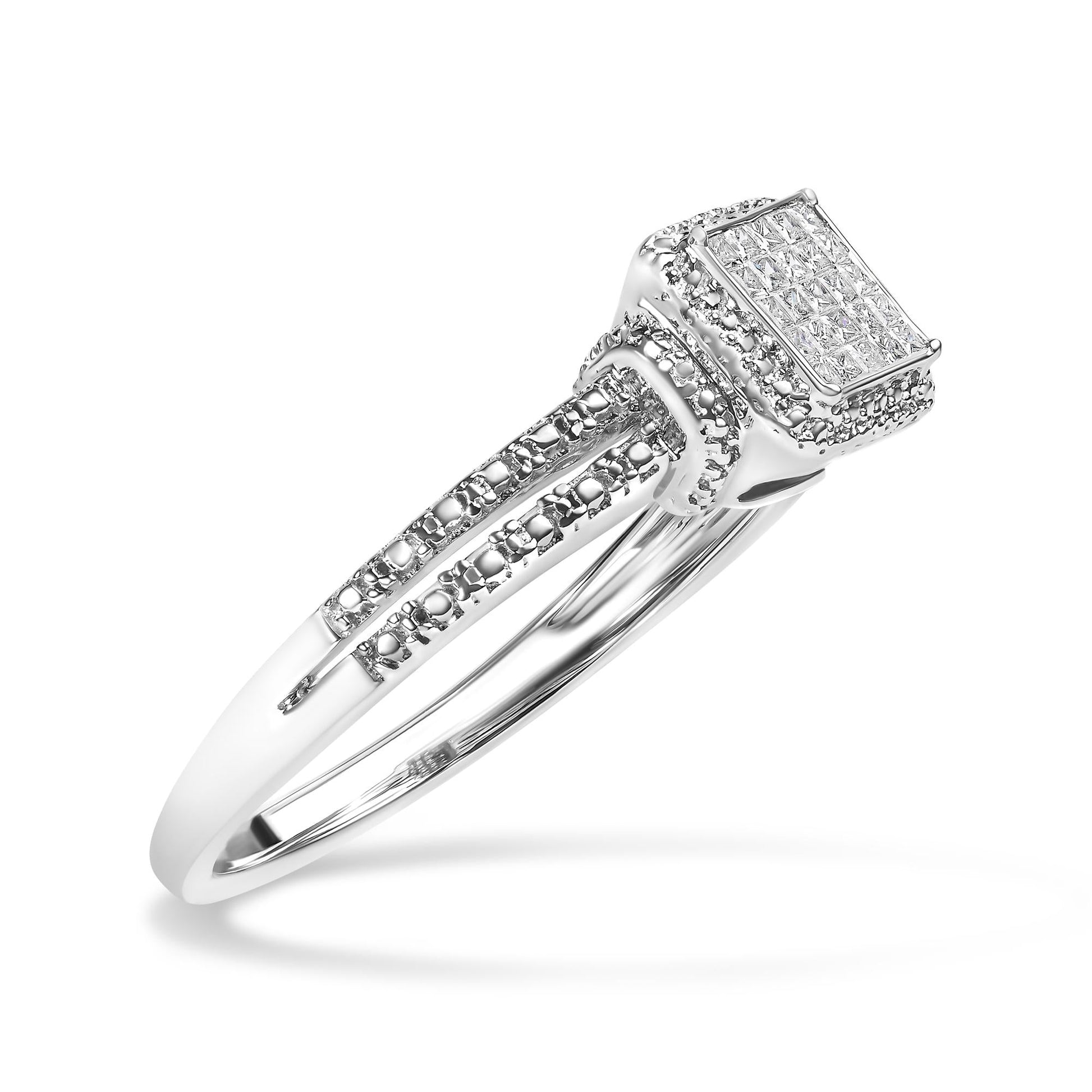 .925 Sterling Silver 1/4 Cttw Princess-cut Diamond Composite Ring with Beaded Halo (H-I Color, SI1-SI2 Clarity)-2