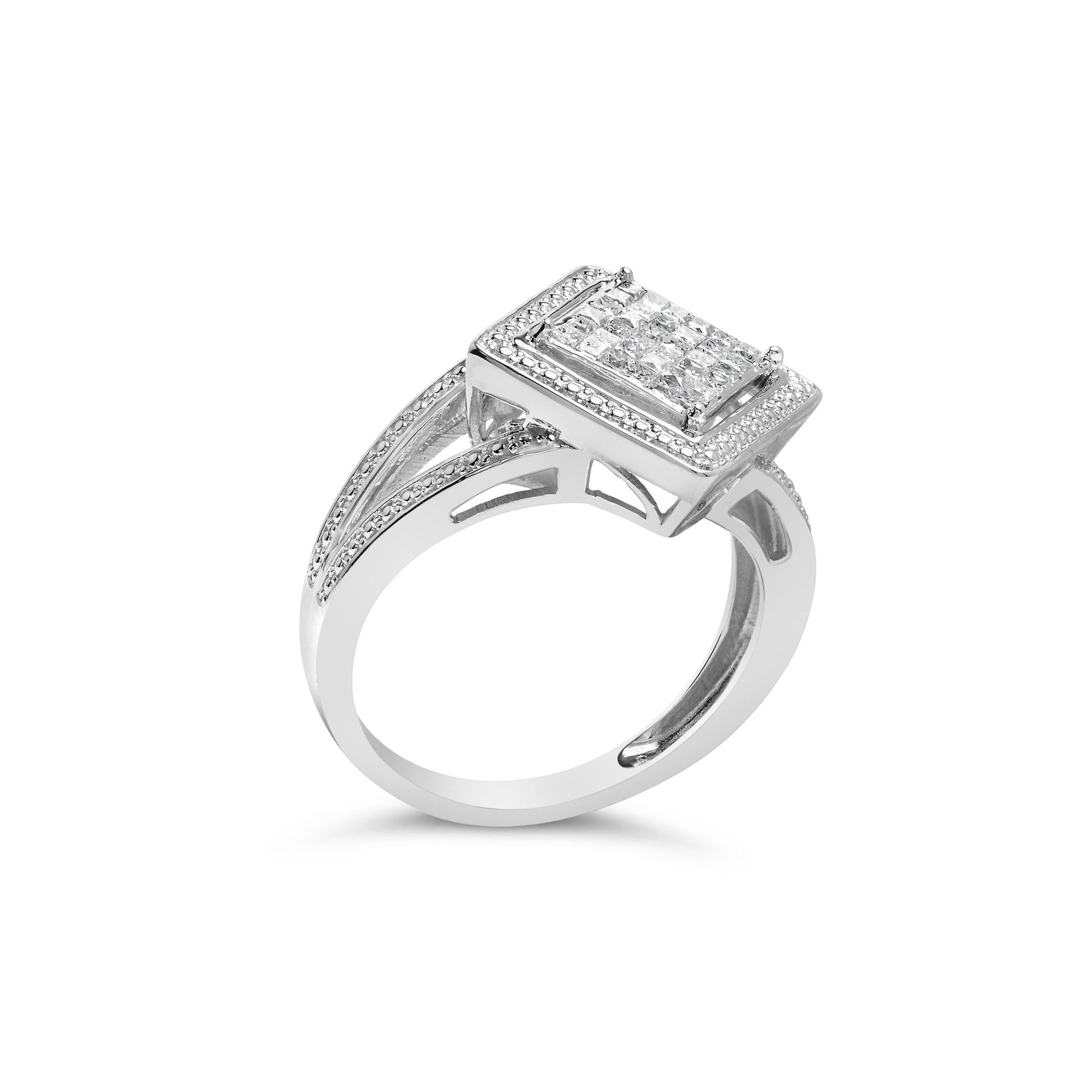 .925 Sterling Silver 1/3 Cttw Invisible Set Princess-Cut Diamond Rhombus and Beaded Halo Ring (H-I Color, SI1-SI2 Clarity)-2