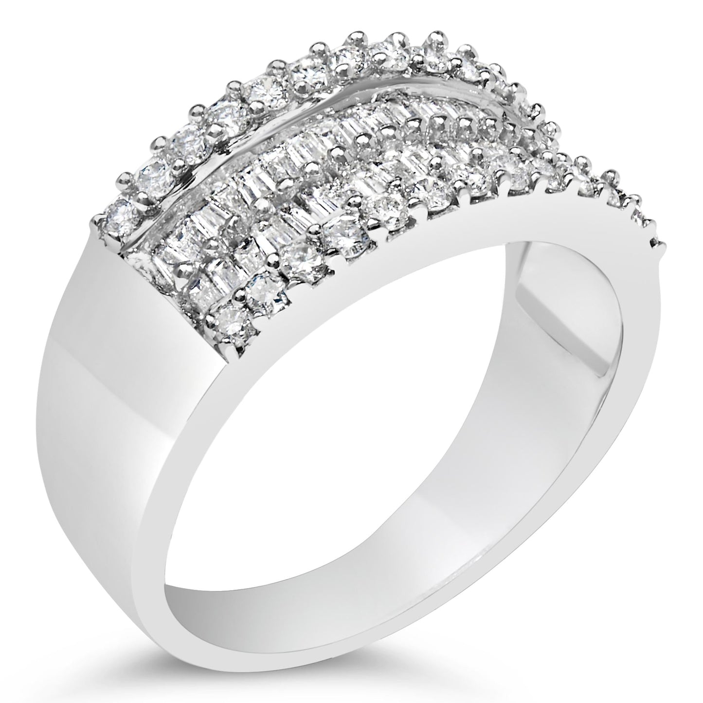 14K White Gold 1.0 Cttw 4 Row Round Baguette Diamond Band Ring (H-I Color, SI1-SI2 Clarity) - Ring Size 7-2