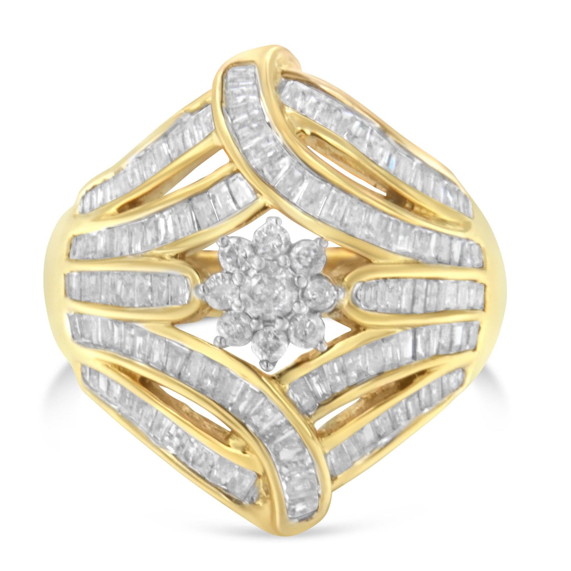 10K Yellow Gold Flashed .925 Sterling Silver 1-1/8 Cttw Round & Baguette Diamond 'Flower & Fern' Cluster Cocktail Fashion Ring (I-J Color, I2-I3 Clarity)-2