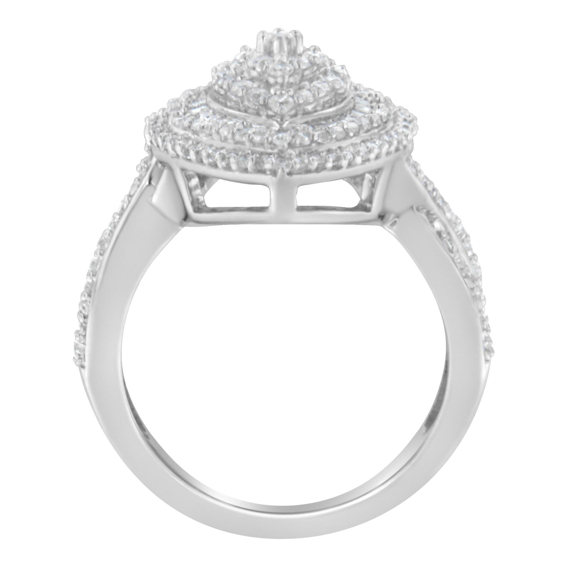 .925 Sterling Silver 1.0 Cttw Round & Baguette-Cut Diamond Marquise-Shaped Cluster Triple Stepped Halo Cocktail Fashion Ring (I-J Color, I2-I3 Clarity)-2