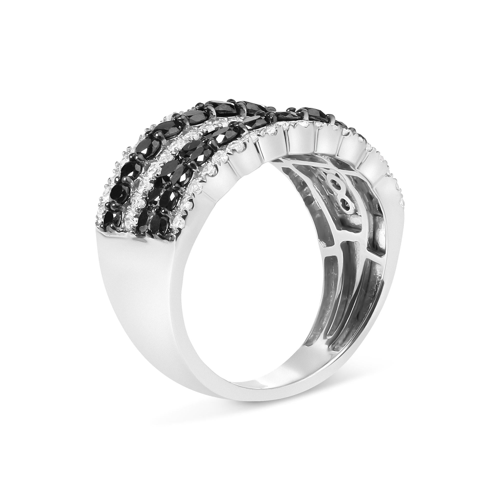 .925 Sterling Silver 1 3/4 Cttw Treated Black and White Alternating Diamond Multi Row Band Ring (Black / I-J Color, I2-I3 Clarity)-2