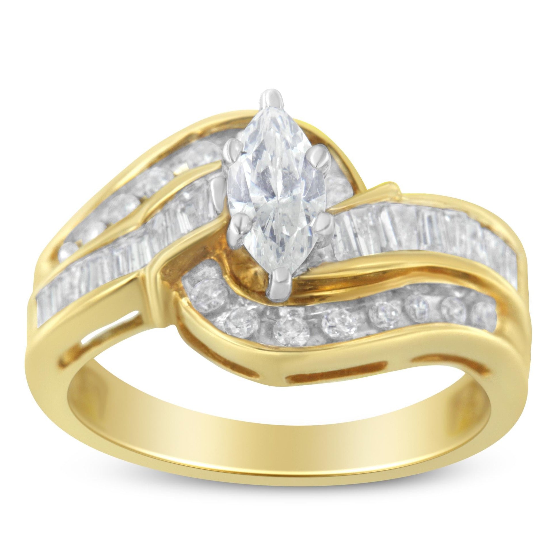 14KT Two-Toned Gold Marquise, Baguette and Round Cut Diamond Bypass Ring (1 cttw, H-I Color, SI1-SI2 Clarity) ()-2