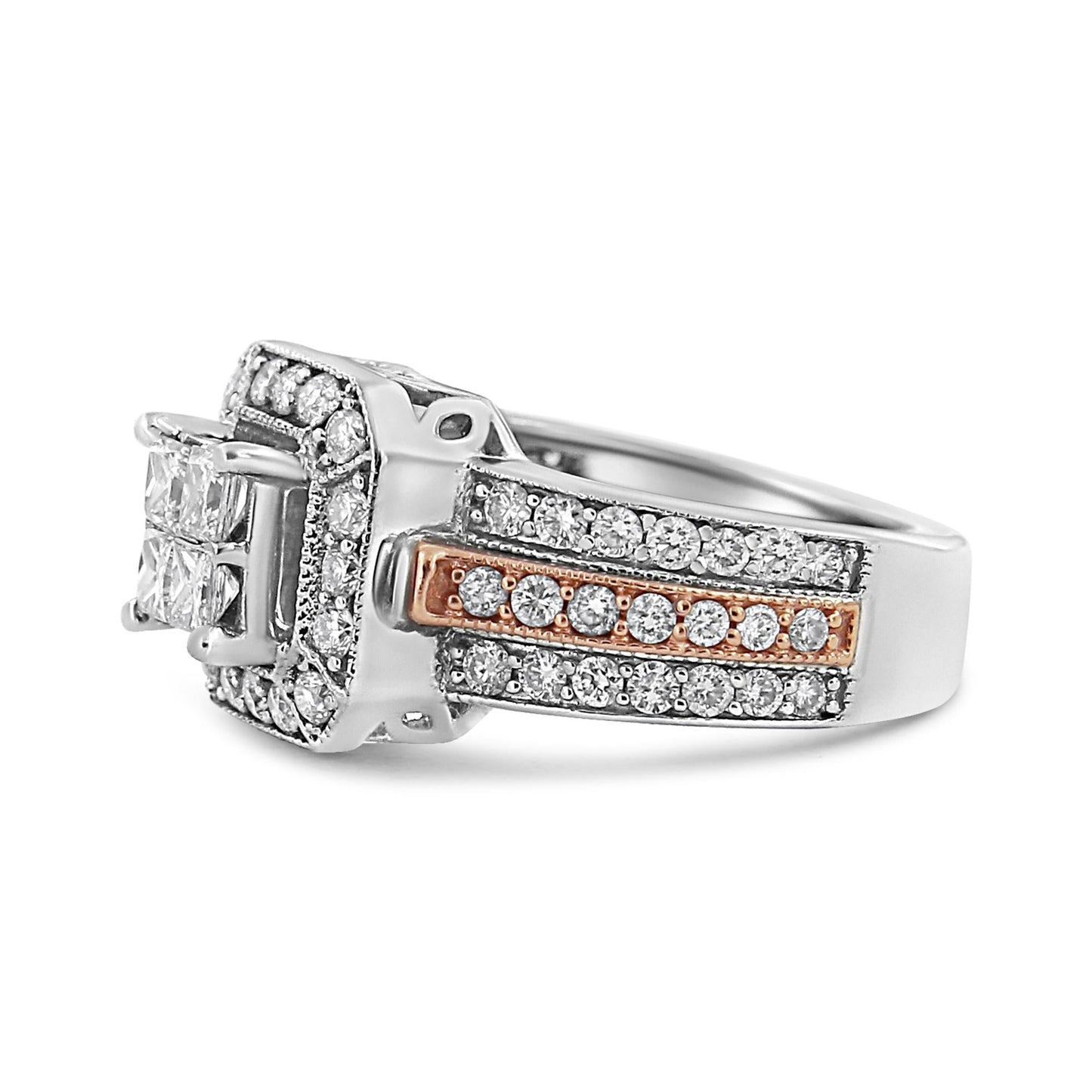 14K White and Rose Gold 1 1/8 Cttw Princess and Round-Cut Diamond Art Deco Style Triple Shank Halo Cocktail Ring (I-J Color, SI2-I1 Clarity)-2