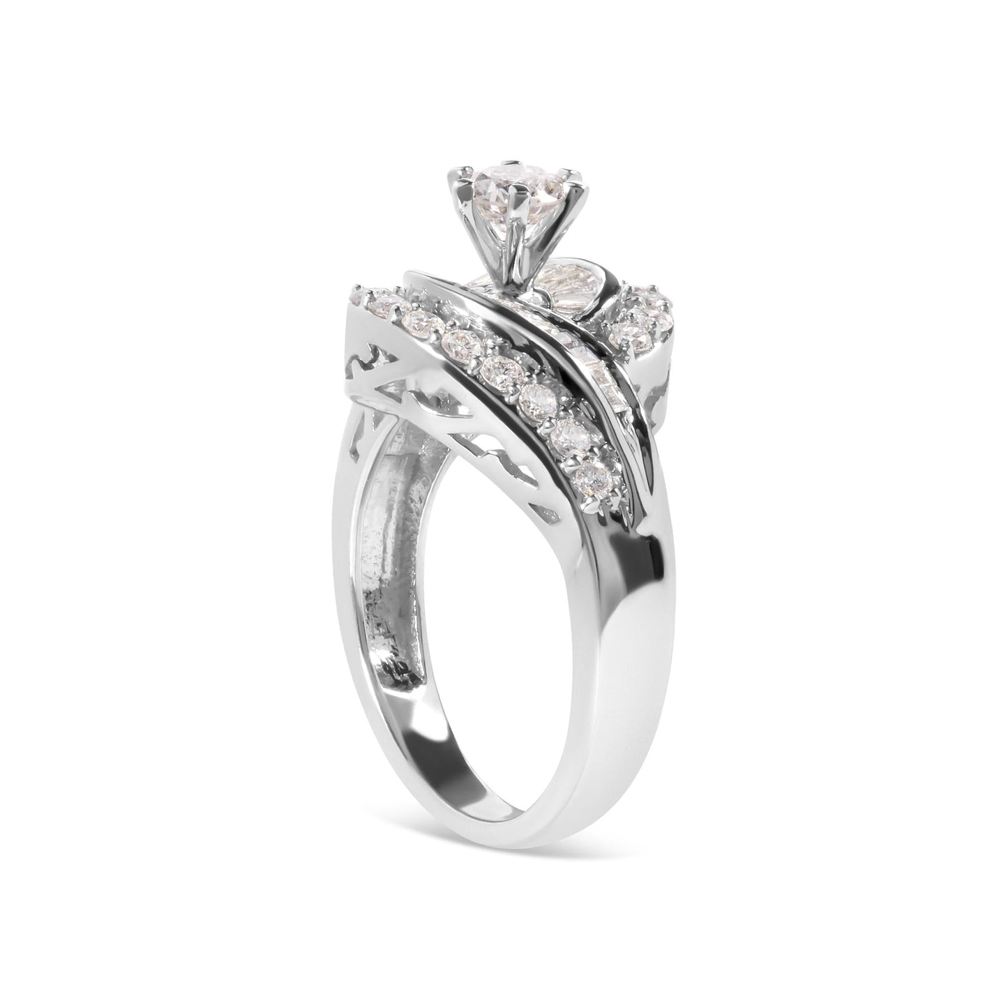 14K White Gold 1.00 Cttw Round and Baguette cut Diamond Swirl Cocktail Ring (H-I Color, SI2-I1 Clarity)-2