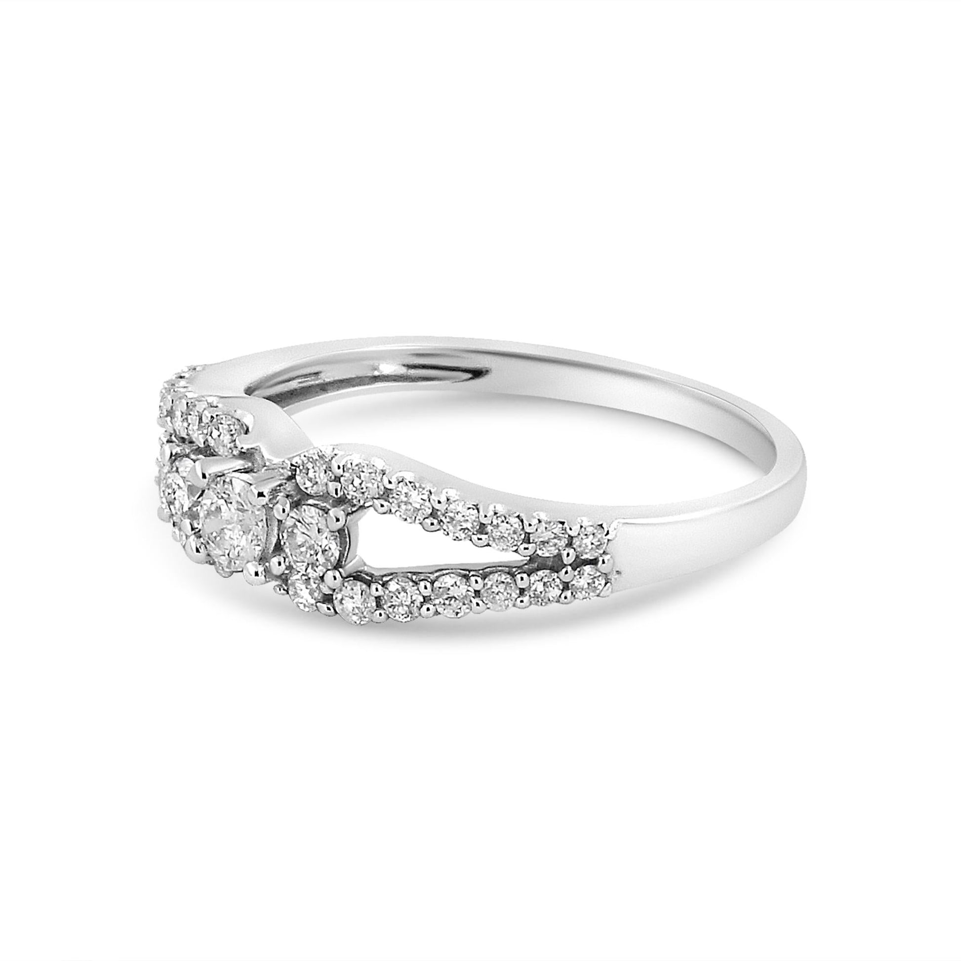 10K White Gold 1/2 Cttw Round Cut Diamond Three Stone Split Shank Band Ring (H-I Color, SI1-SI2 Clarity)-2