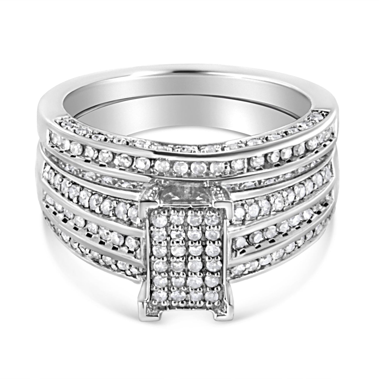 .925 Sterling Silver 3/4 Cttw Prong Set Round Diamond Composite Engagement Ring and Band Set (I-J Color, I3 Clarity)-2