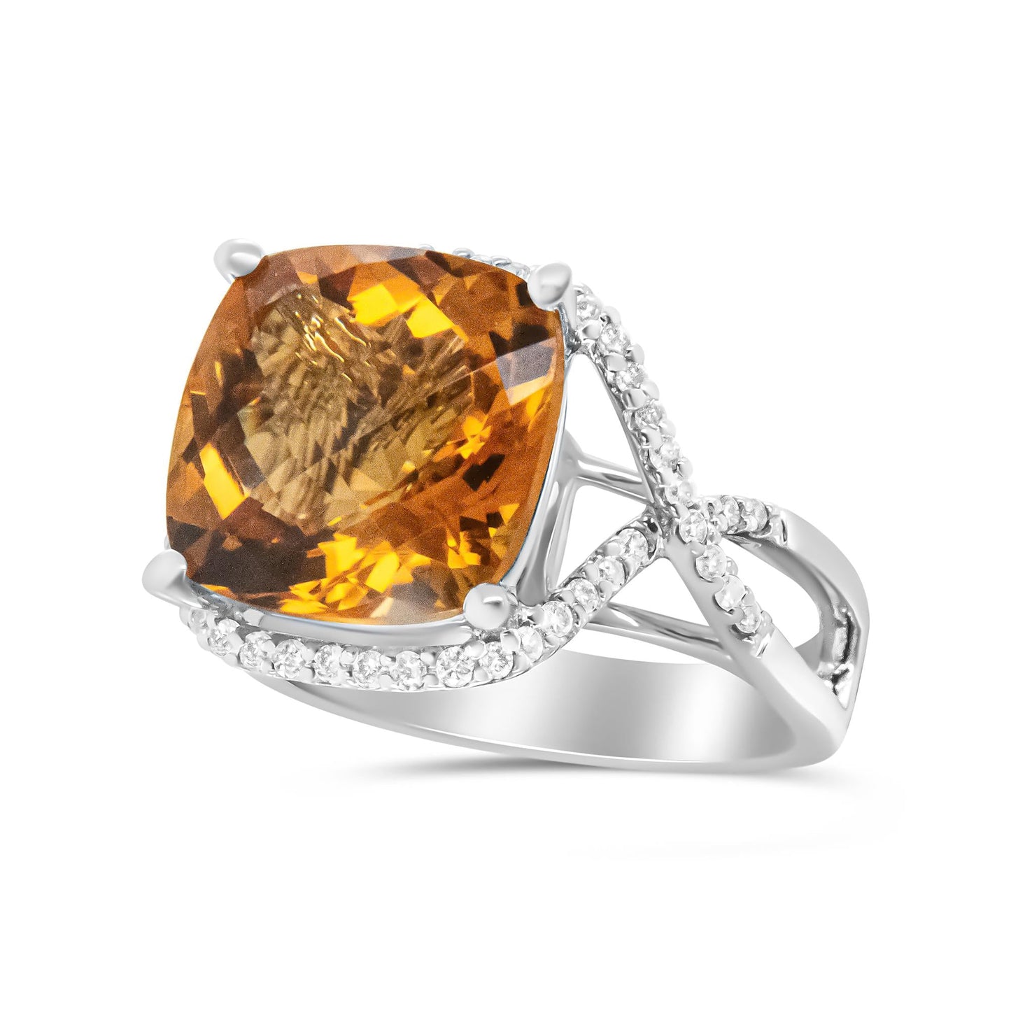 14K White Gold 12mm Cushion Cut Yellow Citrine Gemstone and 1/3 Cttw Round Pave-Set Diamond Ring - (H-I Color, VS1-VS2 Clarity)-2