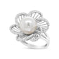 14K White Gold 11mm Round Pearl and 1/3 Cttw Round Diamond Openwork Flower Blossom Ring (H-I Color, VS1-VS2 Clarity)-2