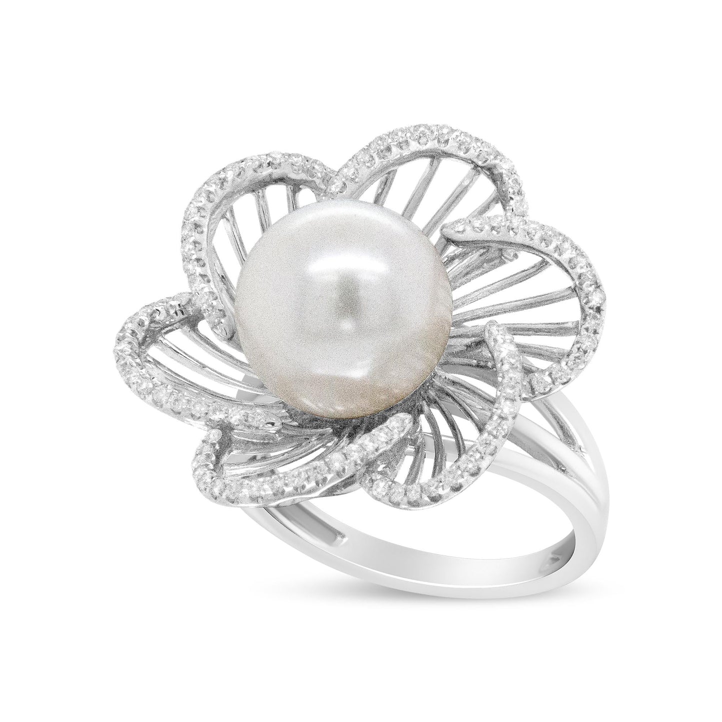 14K White Gold 11mm Round Pearl and 1/3 Cttw Round Diamond Openwork Flower Blossom Ring (H-I Color, VS1-VS2 Clarity)-2