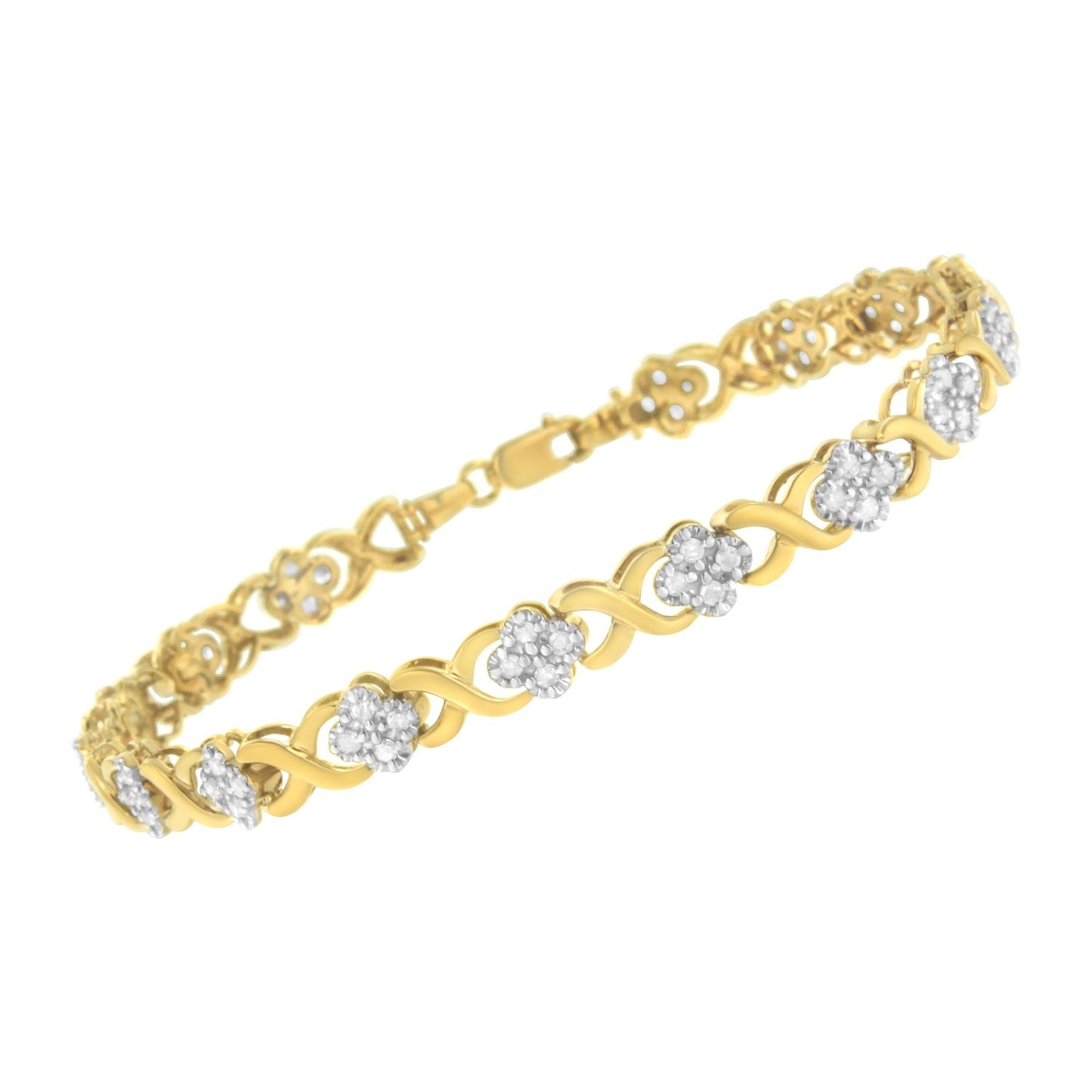 10K Yellow Gold over .925 Sterling Silver 1.0 Cttw Diamond Cluster X Link Tennis Link Bracelet (H-I Color, I3 Clarity) - 7"-2