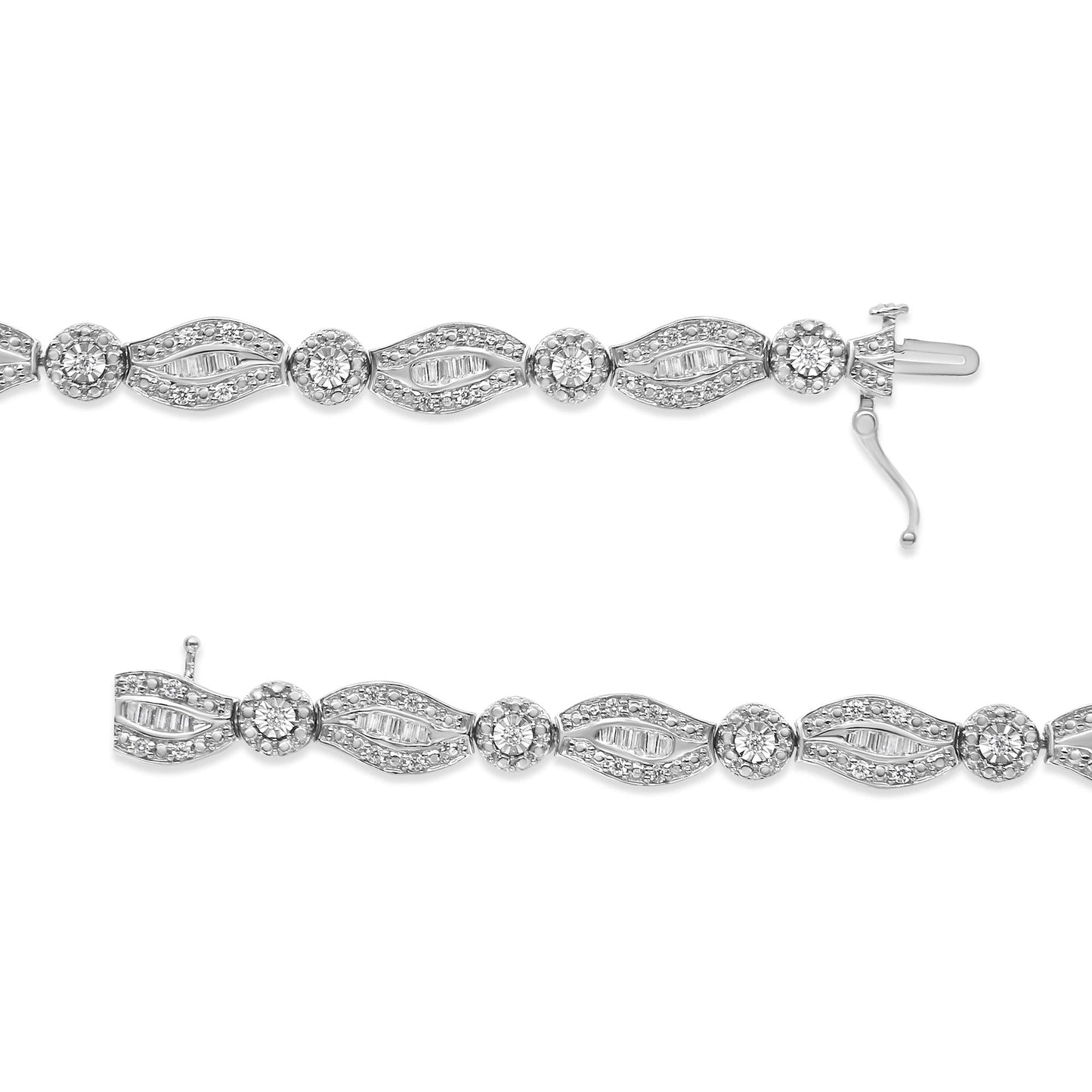 .925 Sterling Silver 1 cttw Diamond Double Leaf and Bezel Link Bracelet (I-J Clarity, I2-I3 Color) - Size 7.25"