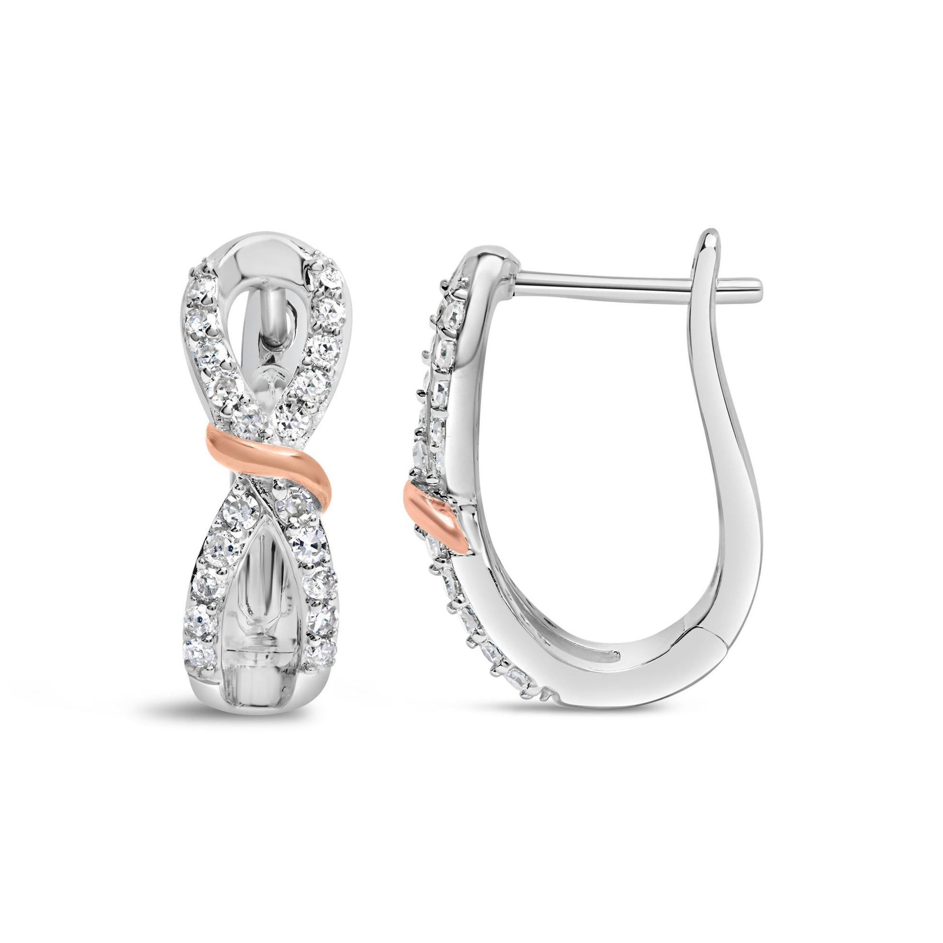 10K White and Rose Gold 1/3 Cttw Diamond Infinite and Ribbon Hoop Earrings (H-I Color, I1-I2 Clarity)-2